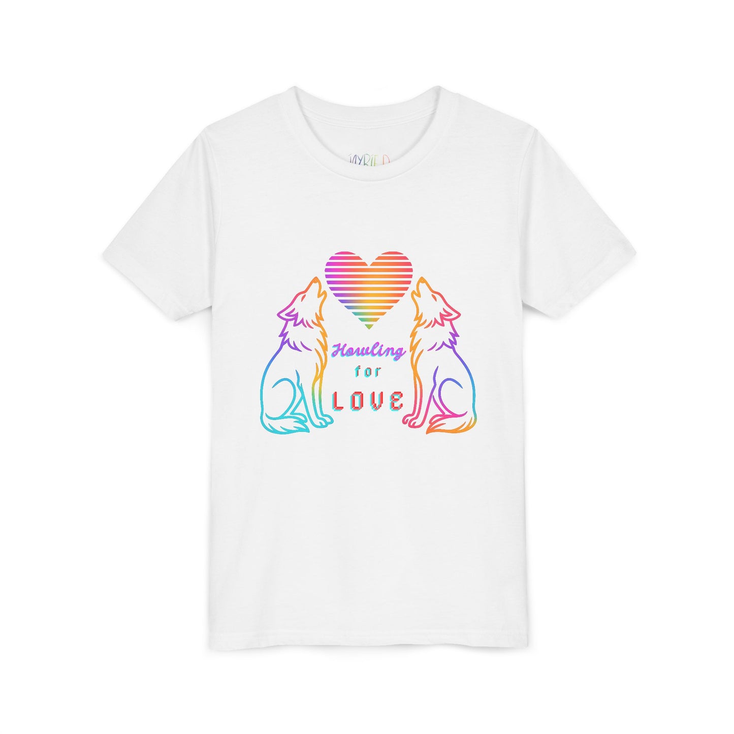 White t-shirt with two rainbow wolves howling at a heart and text 'Howling For Love'