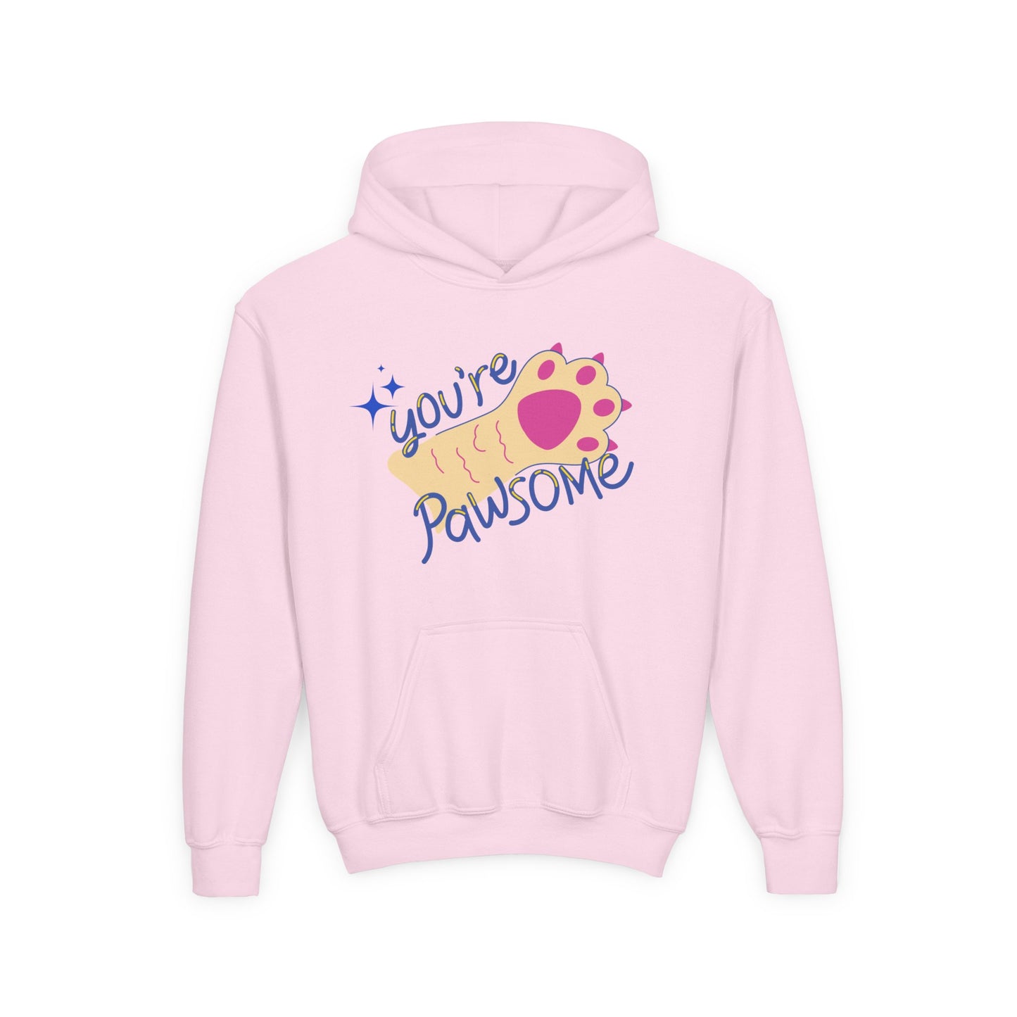 Pink hoodie with paw print and sparkling text 'You're Pawsome'