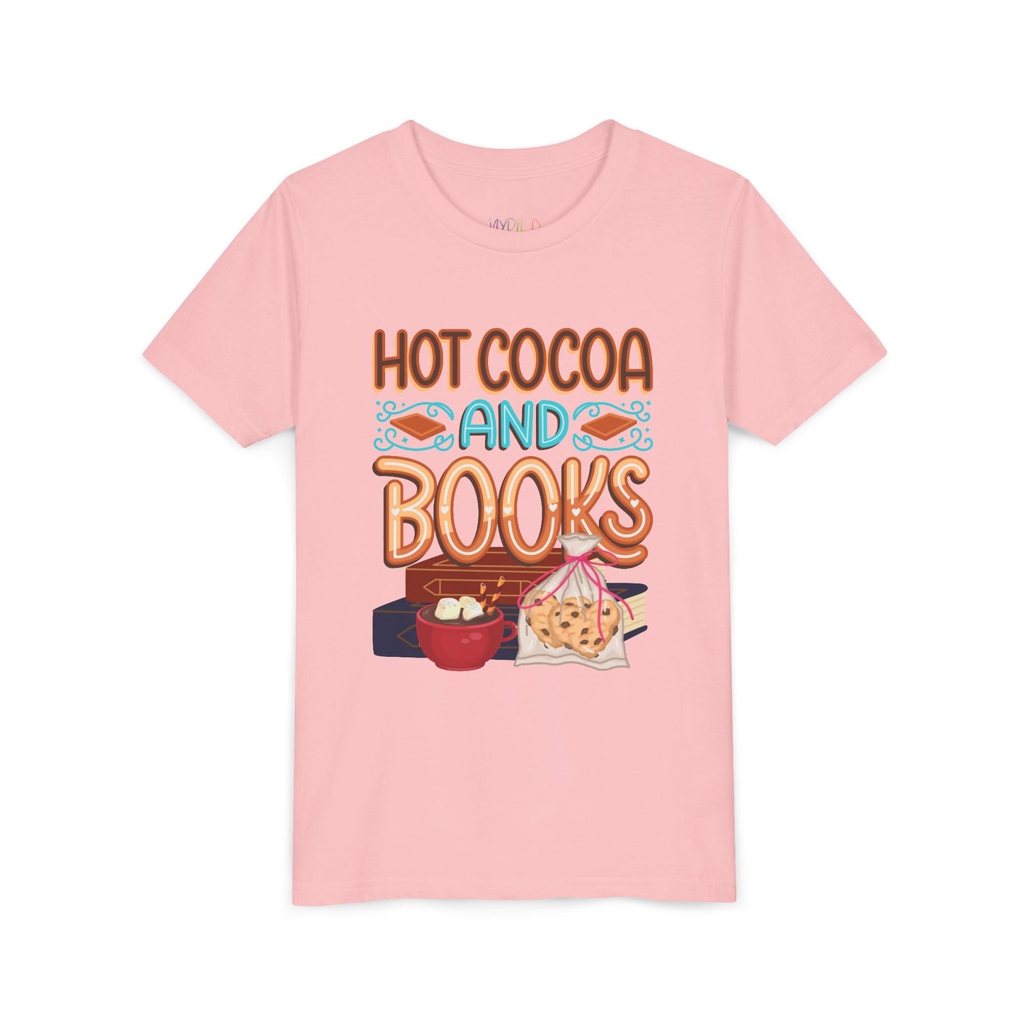 Youth Hot Cocoa and Books T-Shirt – Cozy Winter Reading Design Printify