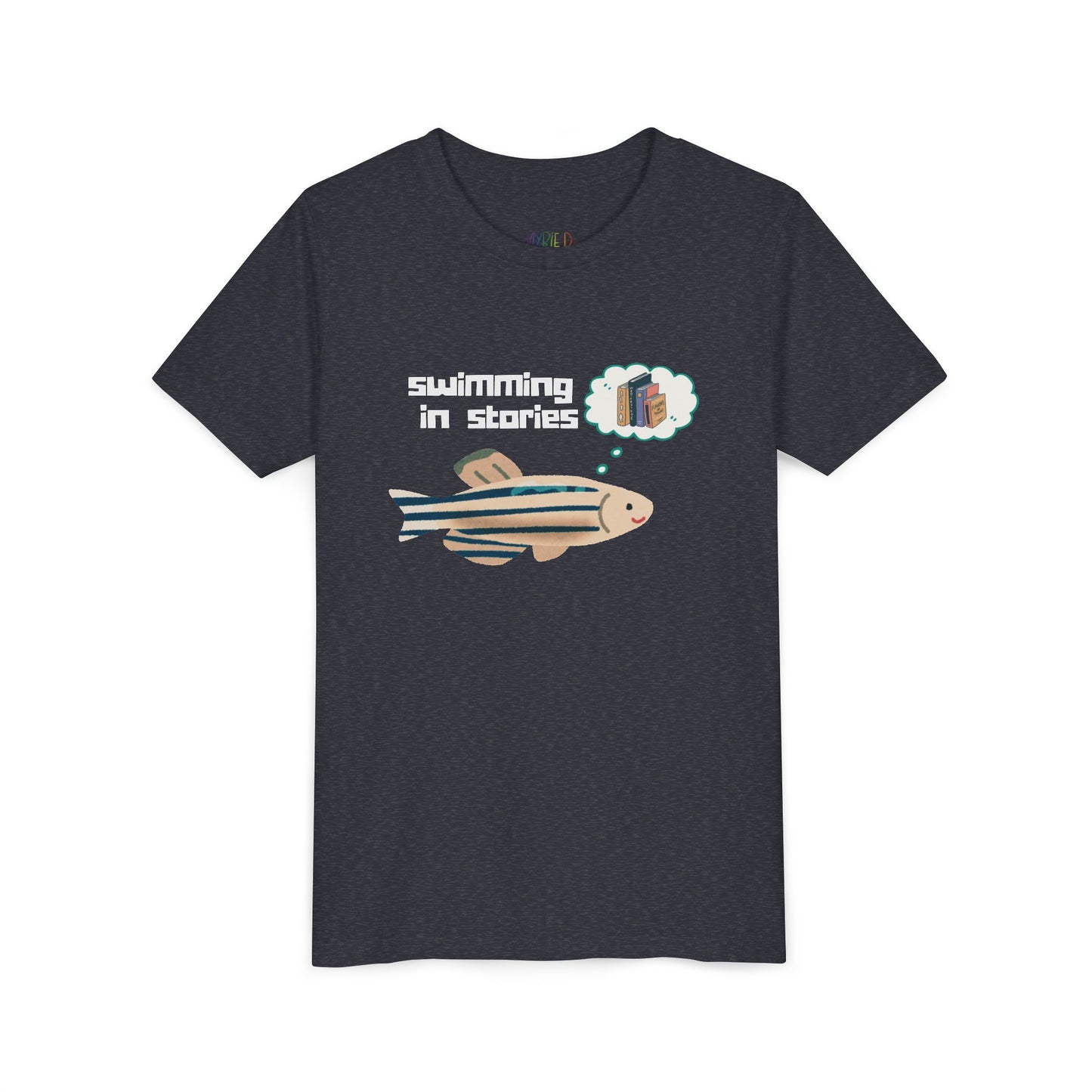 Youth Swimming in Stories Tee – Fun Reading Shirt for Curious Kids. A dreamy design for book-loving adventurers