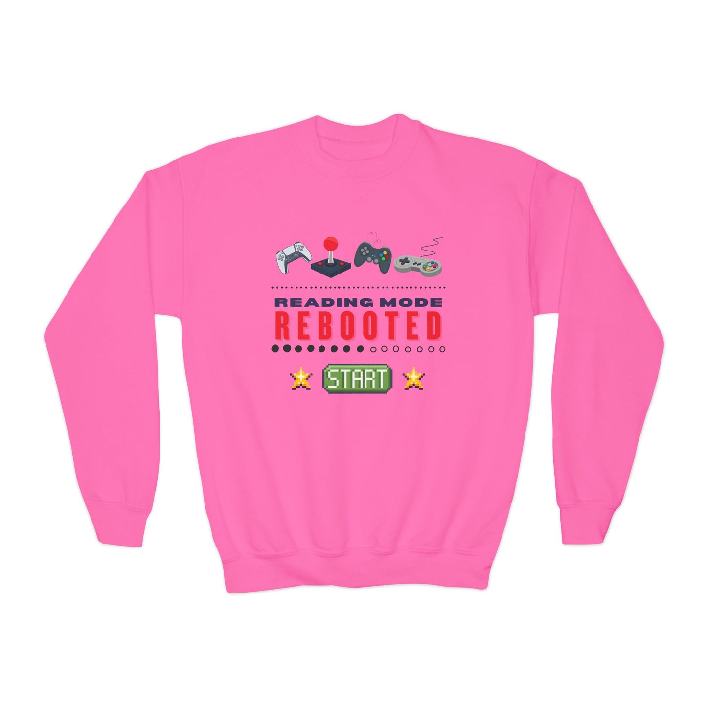Pink sweatshirt with gaming-themed design and text 'reading mode rebooted'