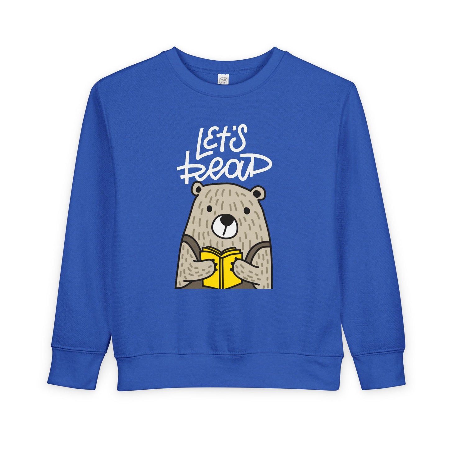 Blue toddler sweatshirt with bear holding a book and 'Let's Read' text
