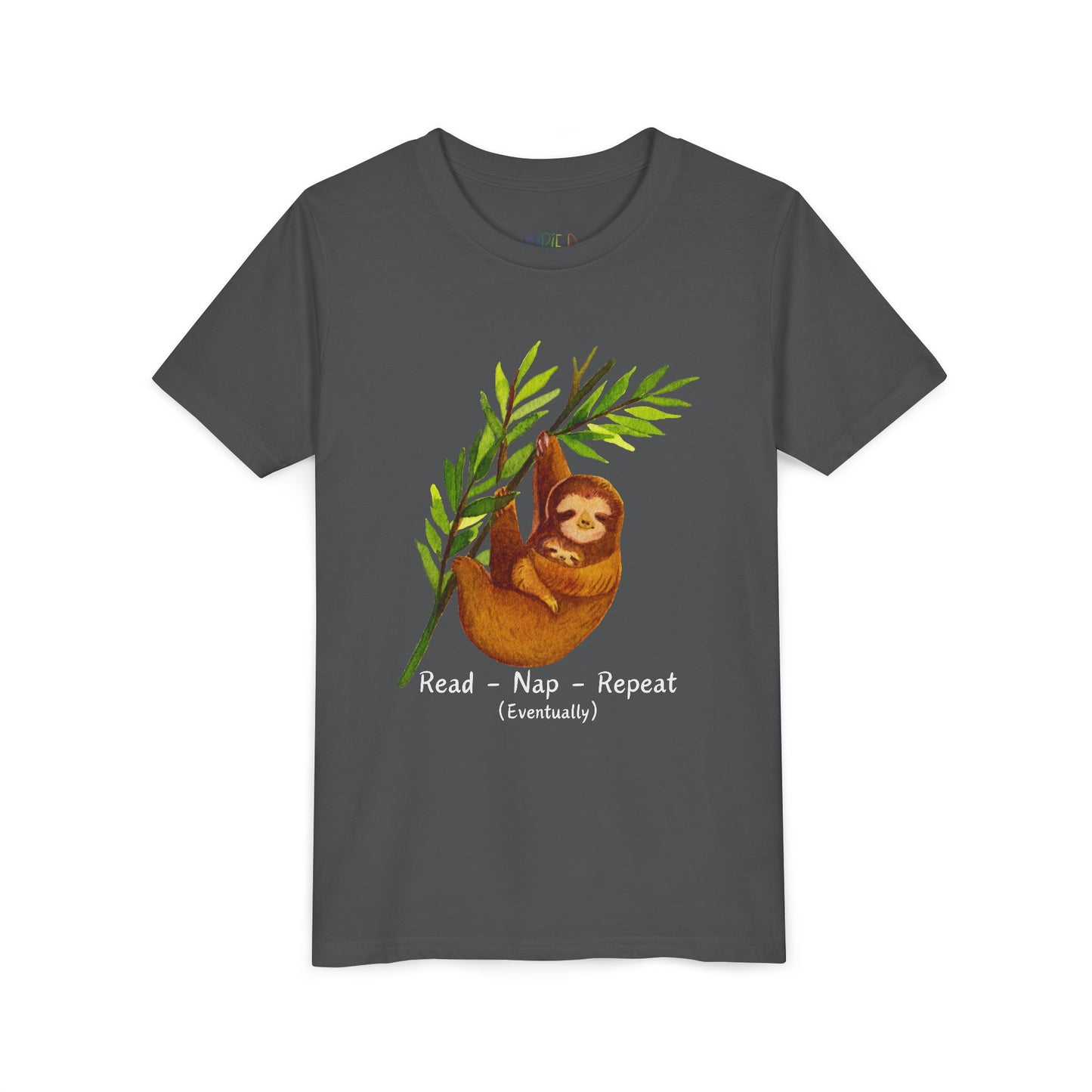 Youth Read – Nap – Repeat (Eventually) Tee – Sloth Book Shirt for Easygoing Young Readers