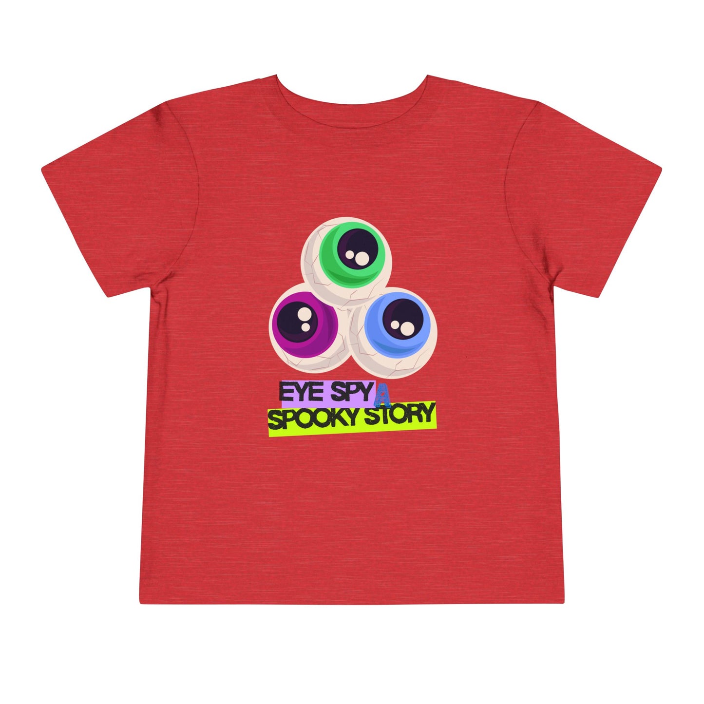 Red toddler t-shirt with colorful eyeballs and text "Eye Spy A Spooky Story' on a white background