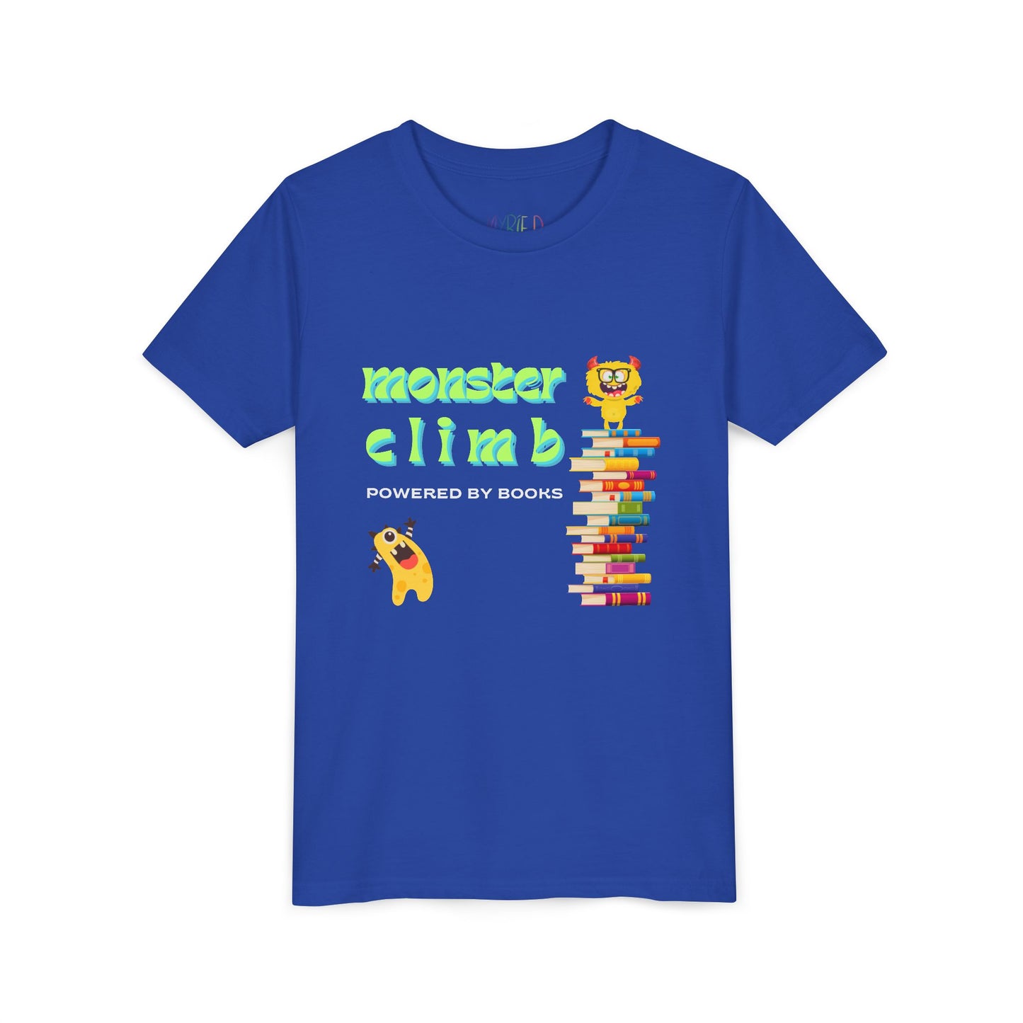 Blue t-shirt with one very excited monster looking up at a fellow monster standing on top of a stack of books and text 'Monster Climb Powered By Books'