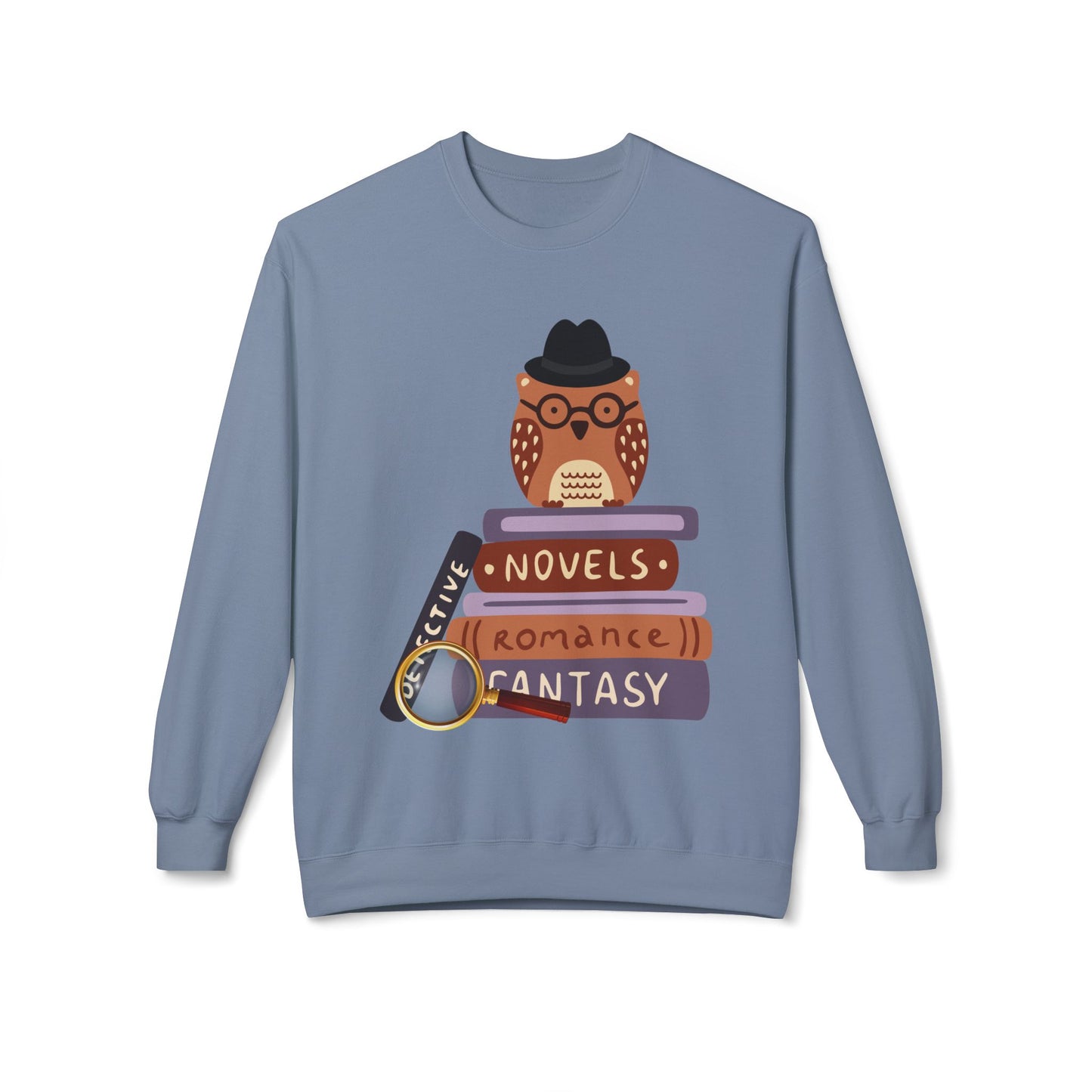 Teen/Adult Unisex Genre Detective Sweatshirt – Owl Book Lover Crewneck for Mystery, Romance & Fantasy