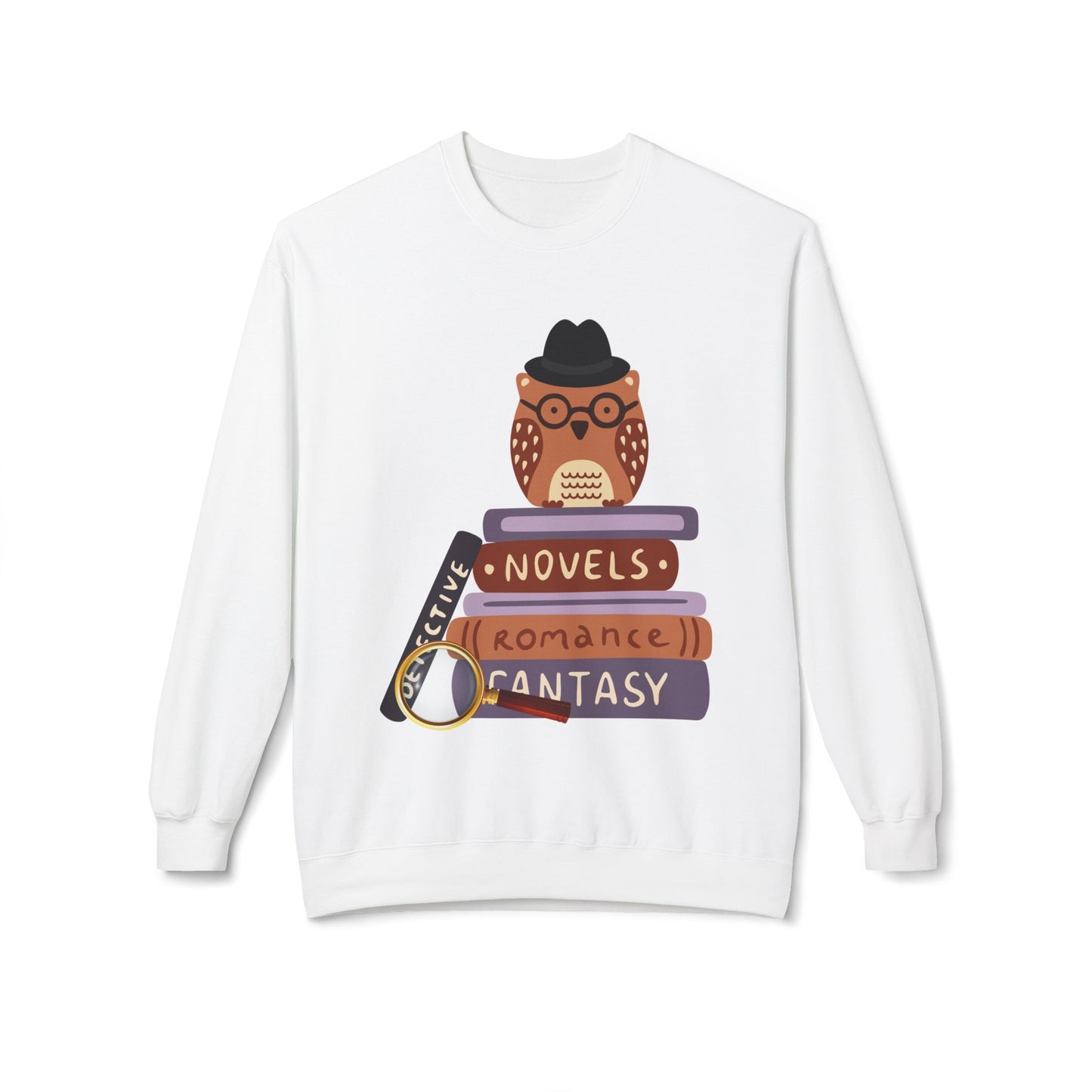 Teen/Adult Unisex Genre Detective Sweatshirt – Owl Book Lover Crewneck for Mystery, Romance & Fantasy
