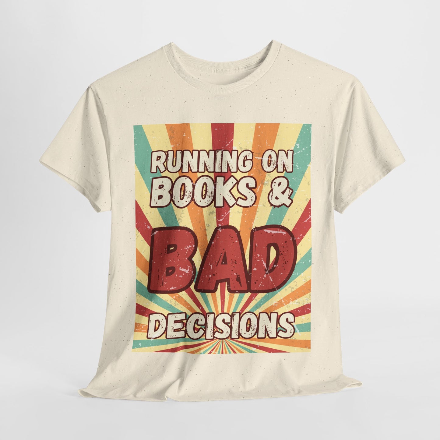 Teen/Adult Unisex Running on Books & Bad Decisions Tee – Funny Retro Reader Shirt for Book Addicts (Large Retro Edition)