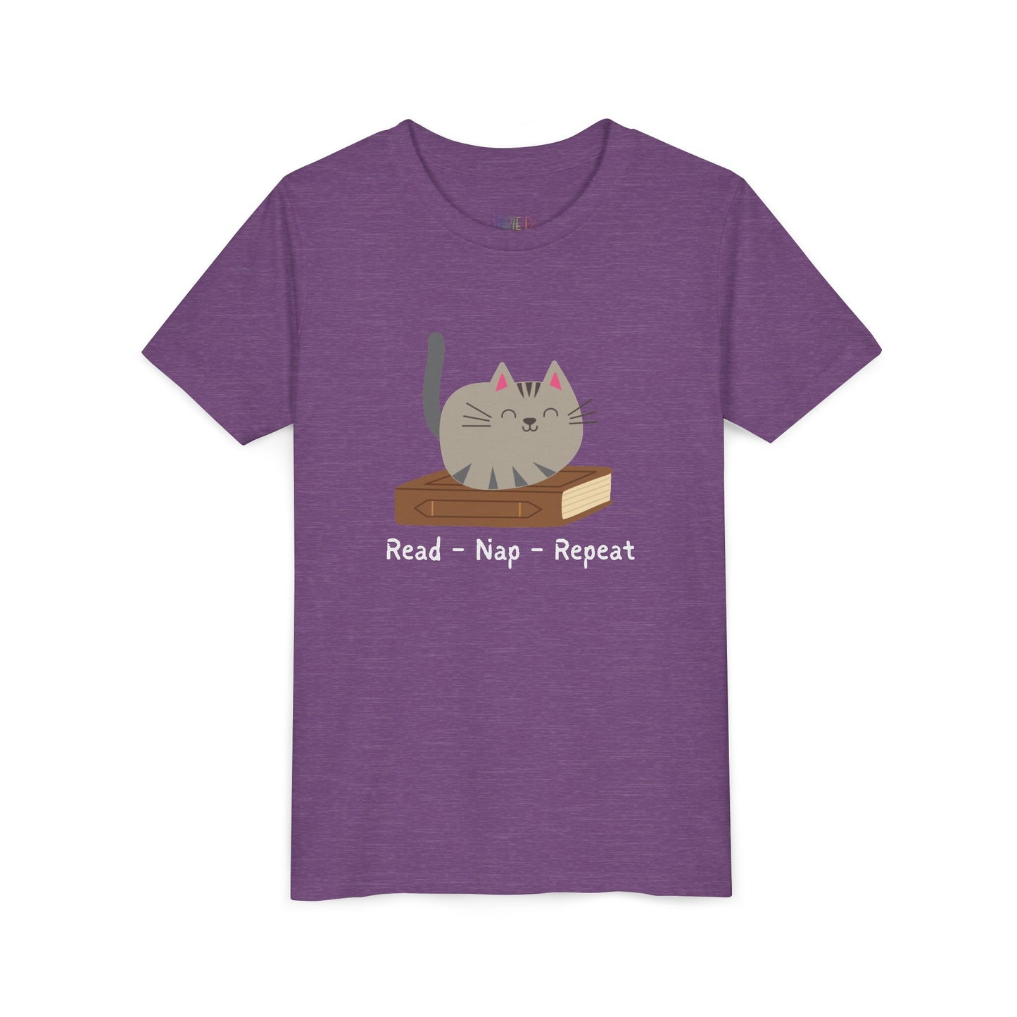 Youth Read β Nap β Repeat T-Shirt β Cozy Cat Tee for Bookish Kids