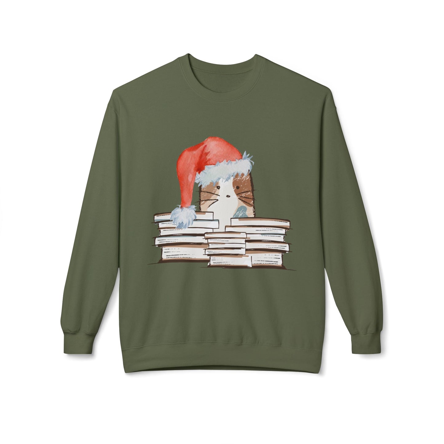 Teen/Adult Unisex Santa Hat Cat with Books Sweatshirt – Cozy Holiday Reading Kitty Design Printify