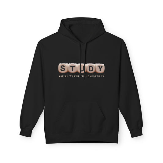 Black hoodie with the word “STUDY” displayed on beige key-style blocks and the phrase “You’re worth the investment” printed below.