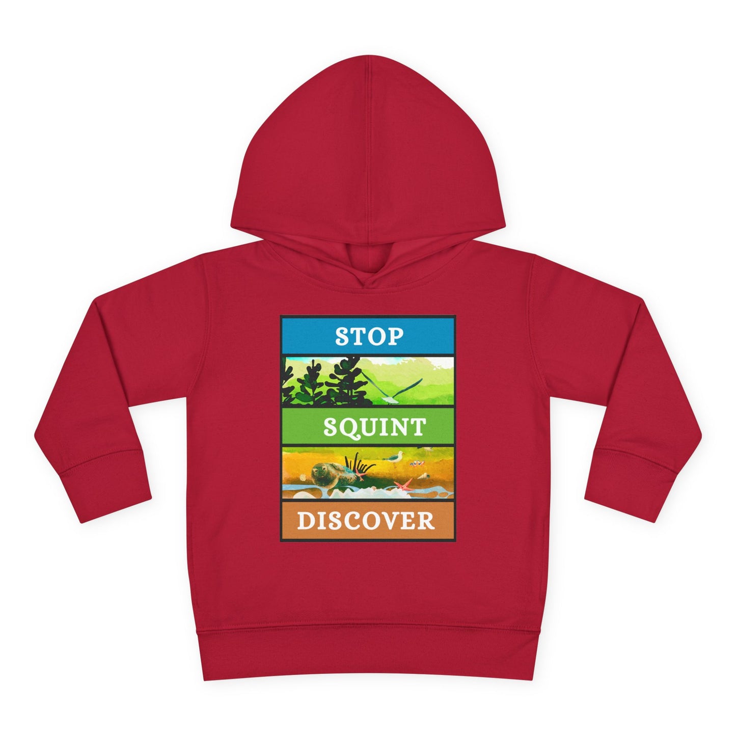 Red hoodie with a nature scene and text 'Stop Squint Discover'
