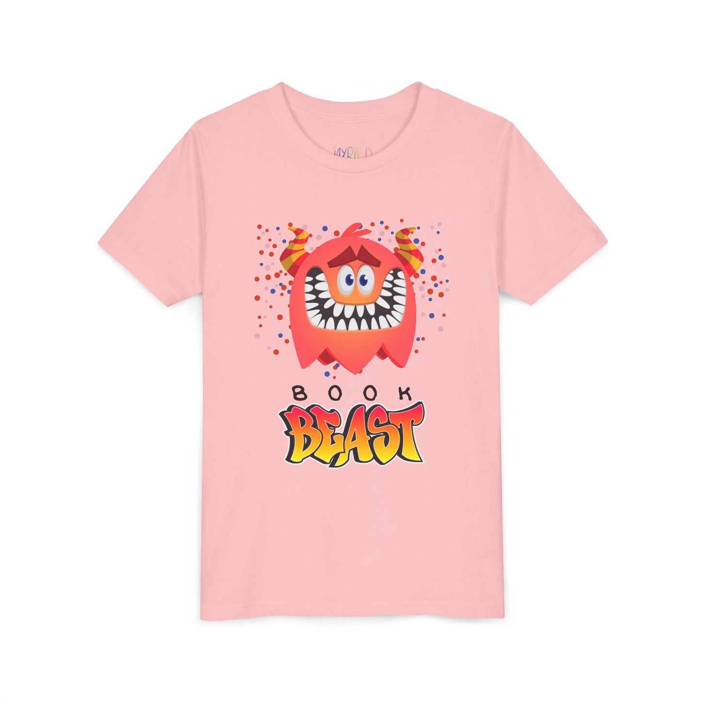 Pink t-shirt with a sheepish, toothy, red monster surrounded by confetti and text 'BOOK BEAST'