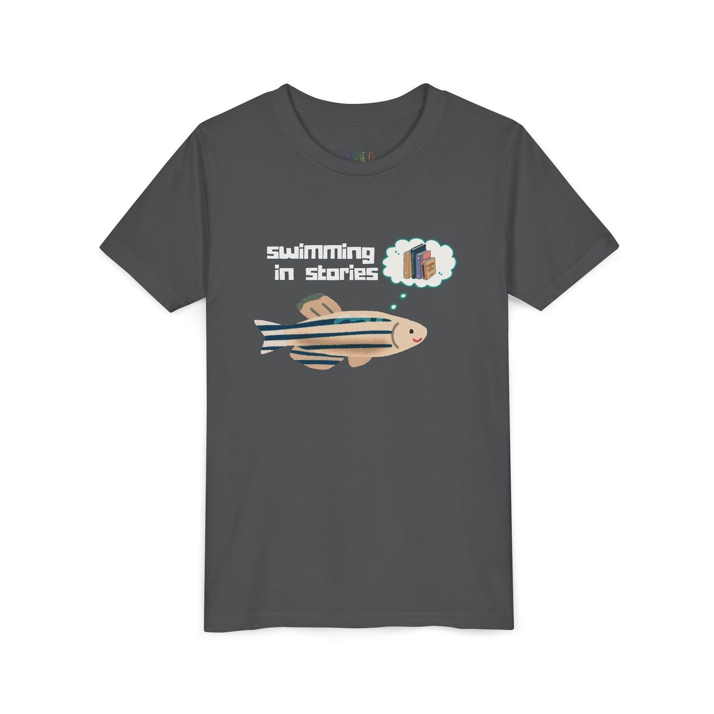 Youth Swimming in Stories Tee – Fun Reading Shirt for Curious Kids. A dreamy design for book-loving adventurers