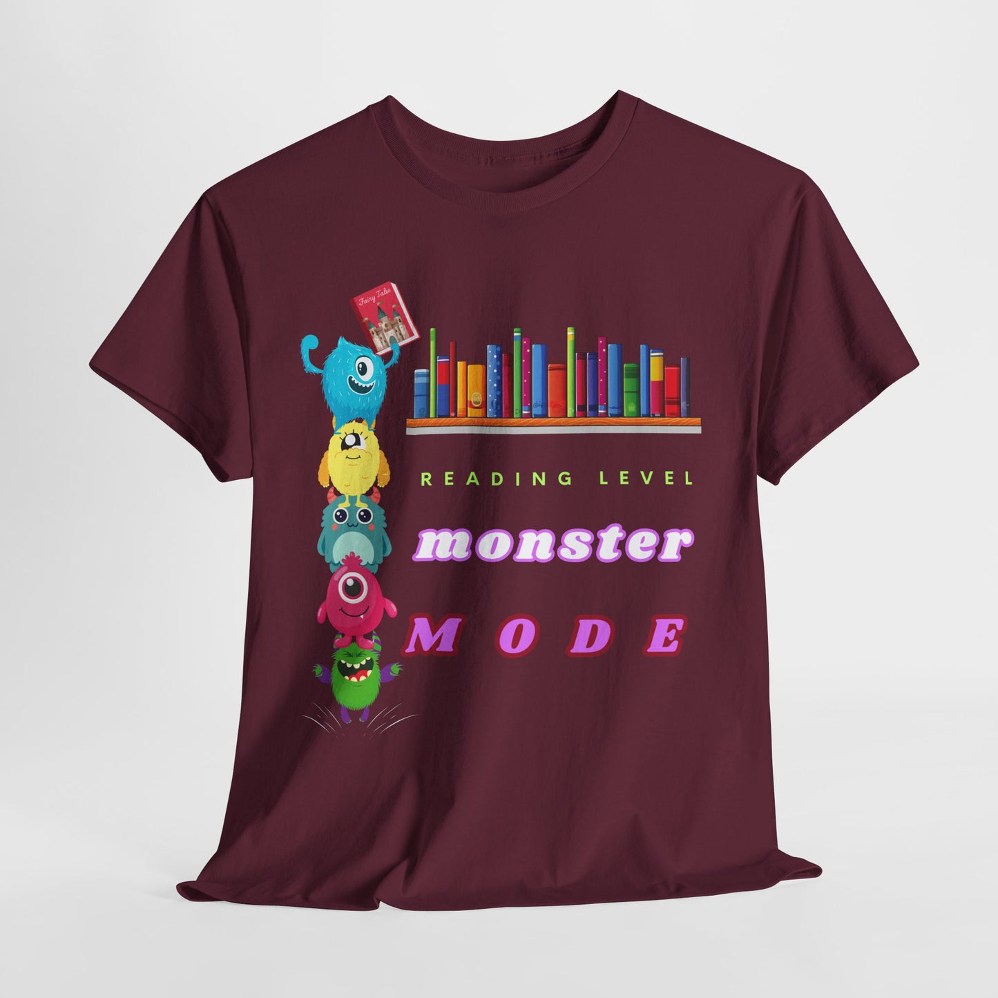 Teen/Adult Unisex “Reading Level: Monster Mode” Tee – Funny Stacked Monster Shirt for Relentless Readers