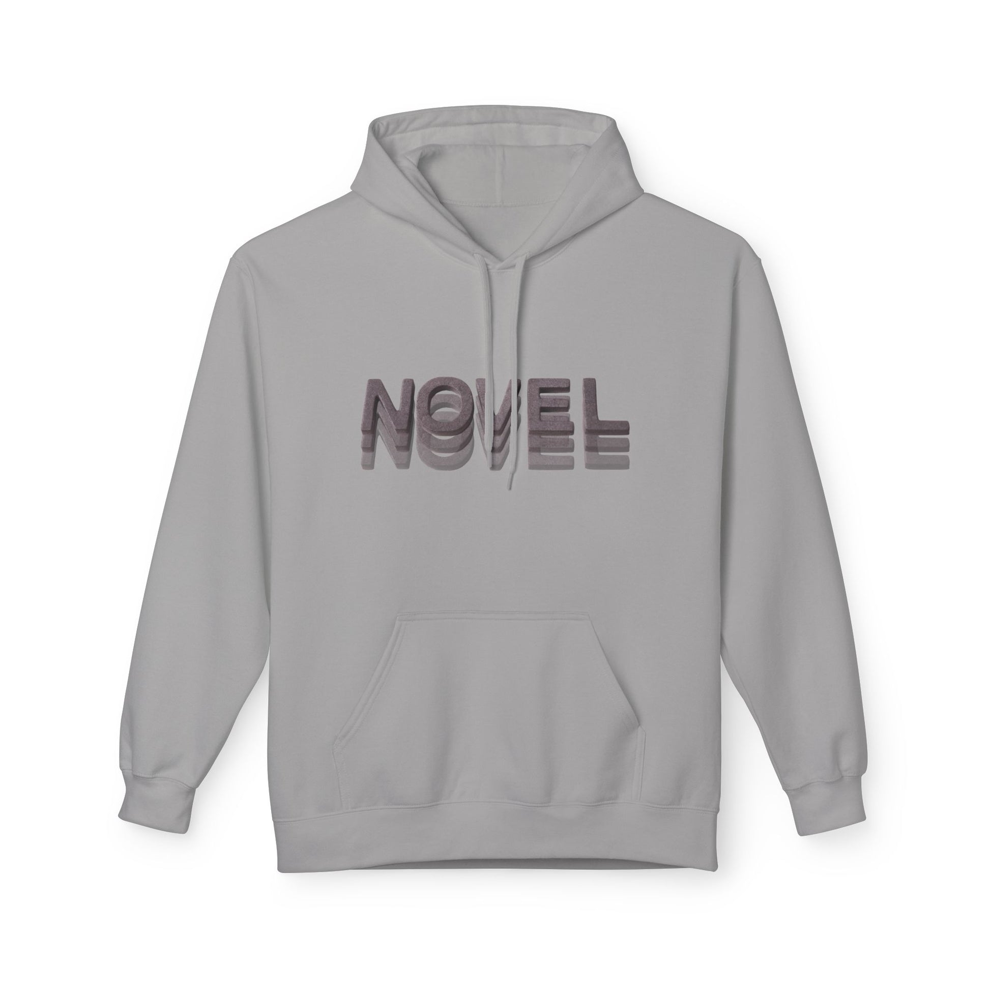 Light gray hoodie featuring the word βNOVELβ in a layered shadow-style font, creating a modern literary effect.