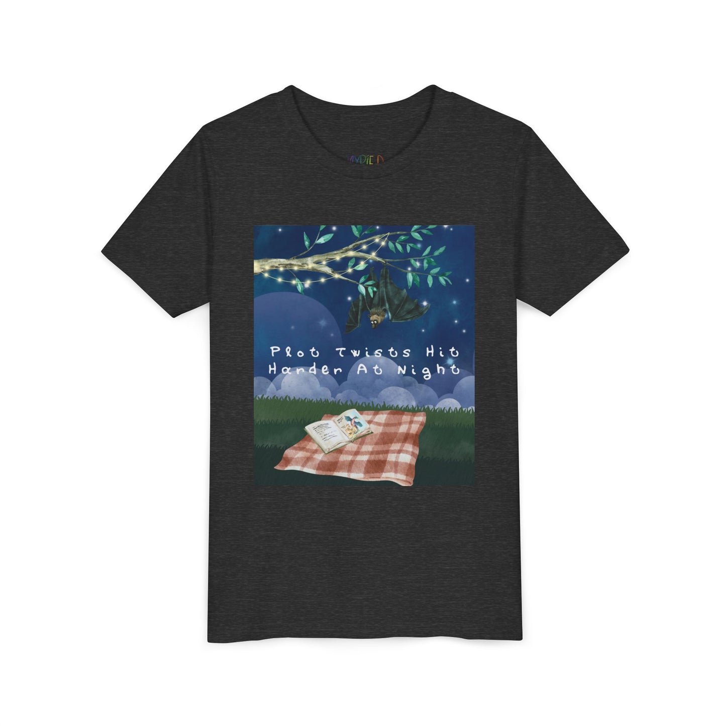 Youth Plot Twists Hit Harder at Night Tee β Spooky Bat Shirt for Bedtime Readers