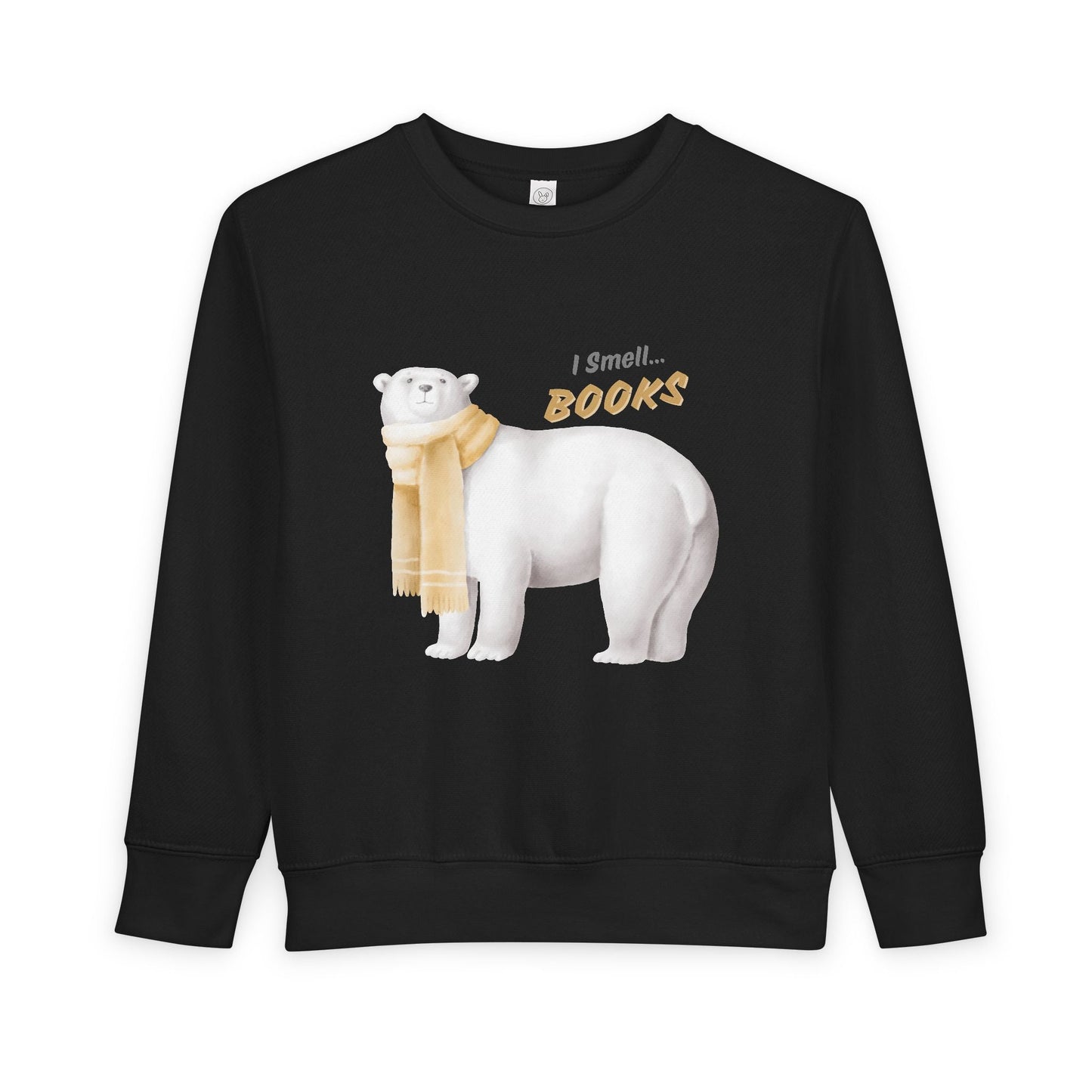 Black toddler sweatshirt with a polar bear graphic and 'I smell... books' text on a white background