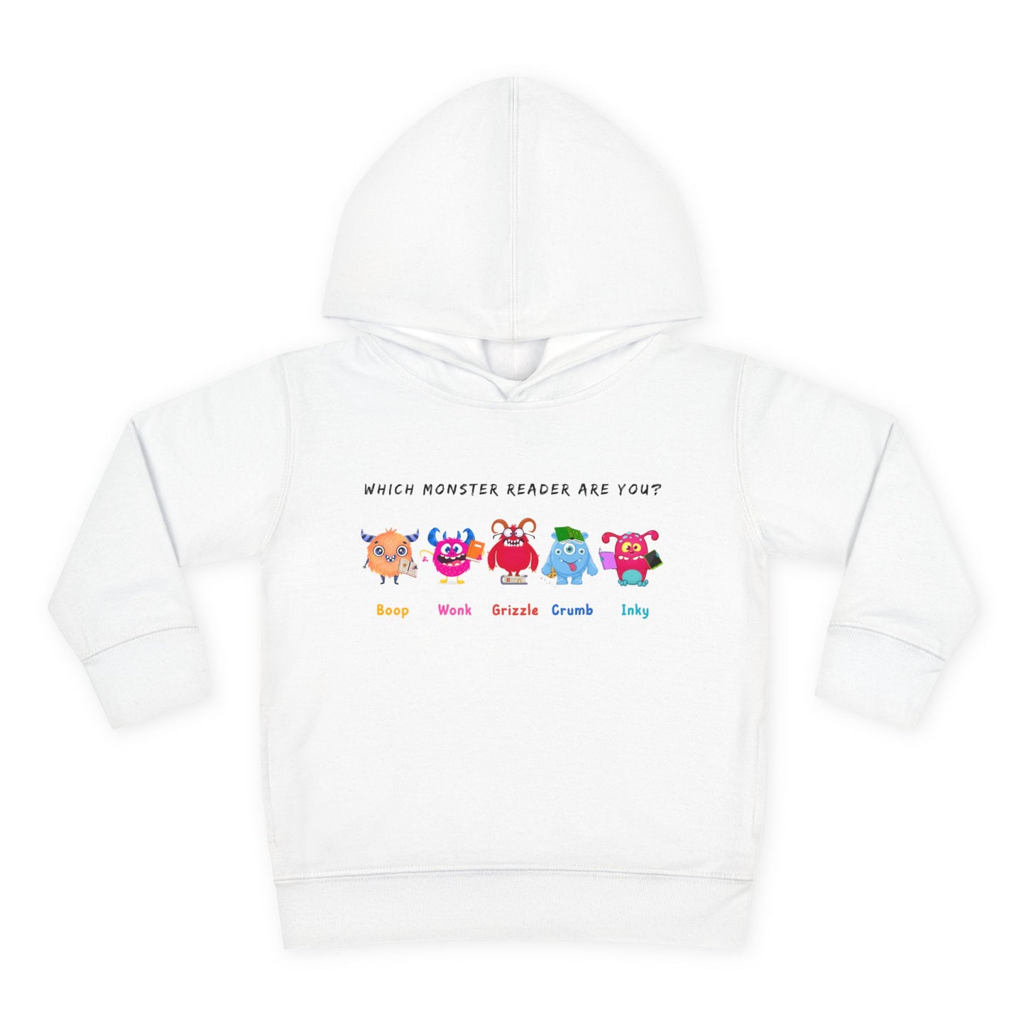 White hoodie with a row of colorful monsters and text 'Which Monster Reader Are You?'