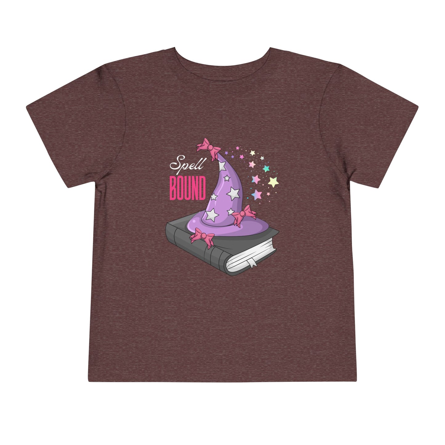 Maroon toddler t-shirt with a wizard hat atop a book and 'Spell Bound' text on a white background