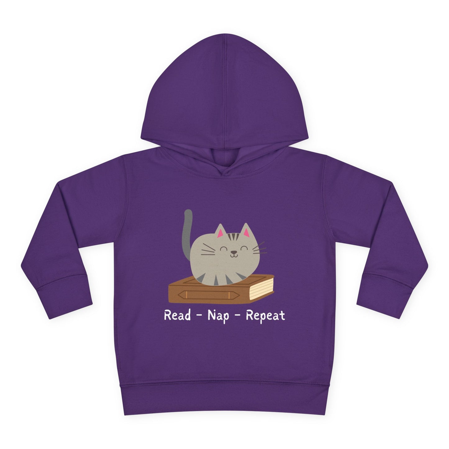 Purple toddler hoodie featuring a gray cat laying on a book and text 'Read - Nap - Repeat' on a white background