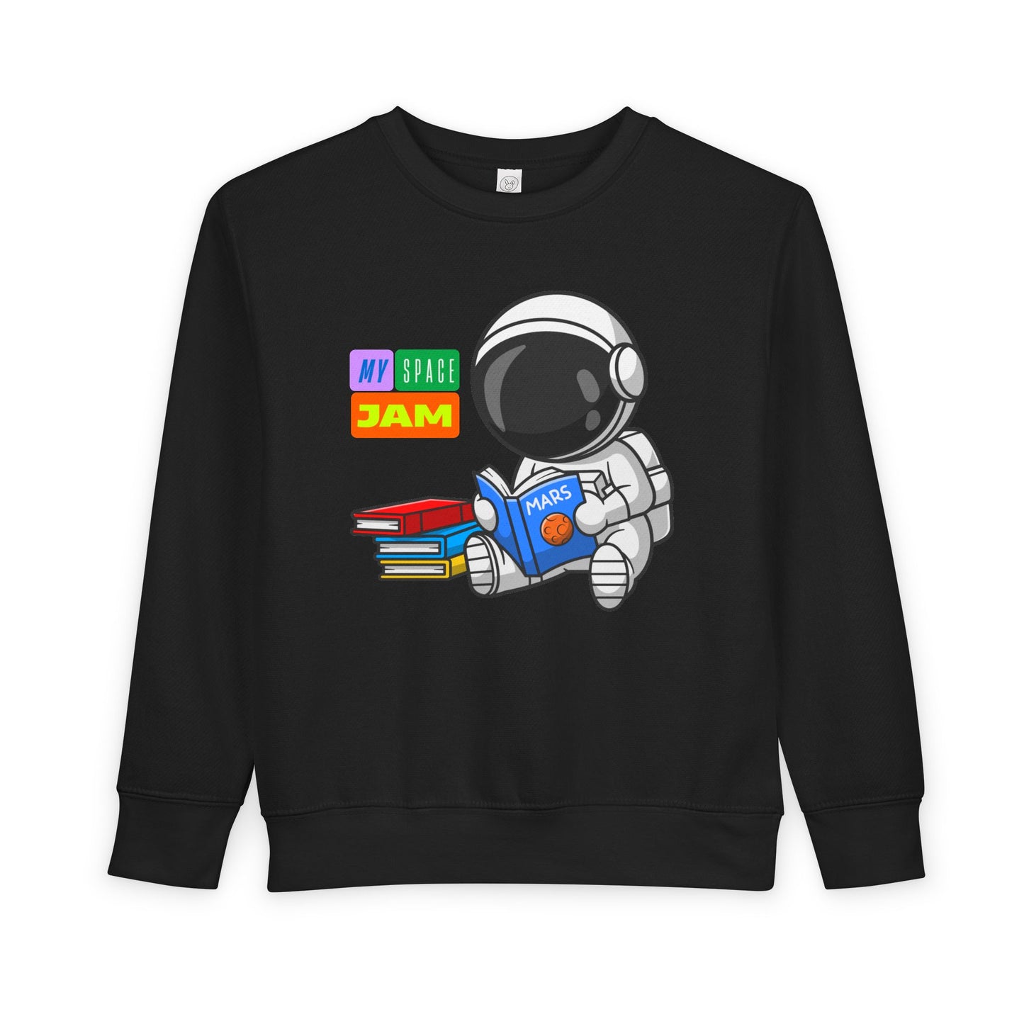 Black toddler sweatshirt of an astronaut reading a book and text 'My Space Jam'