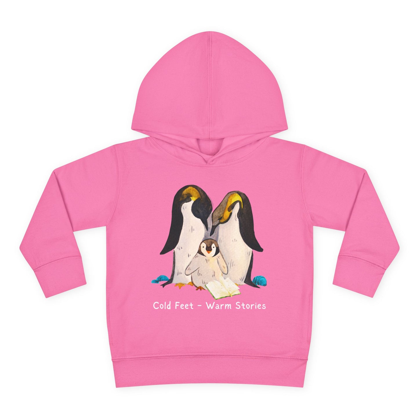 Pink hoodie of a penguin family and text 'Cold Feet - Warm Stories'