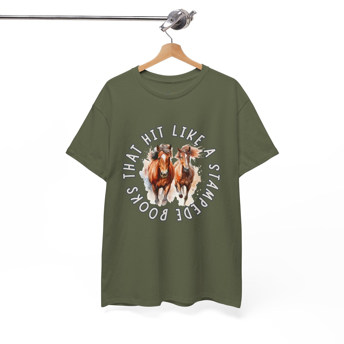 Army green t-shirt with horses running out from the center of the shirt and circled by words 'Books That Hit Like a Stampede'