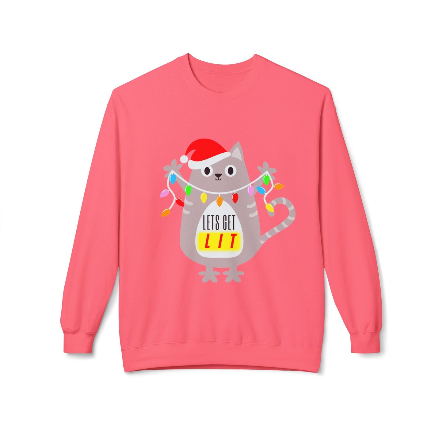 Teen/Adult Unisex Let’s Get Lit Cat Sweatshirt – Festive Holiday Lights Kitty Design Printify
