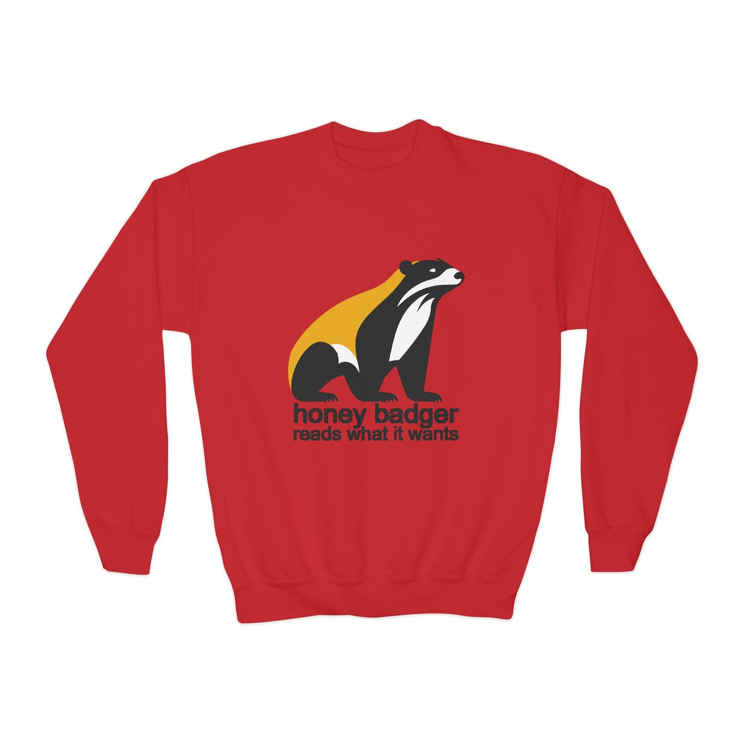 Red sweatshirt with honey badger graphic and text 'honey badger reads what it wants'