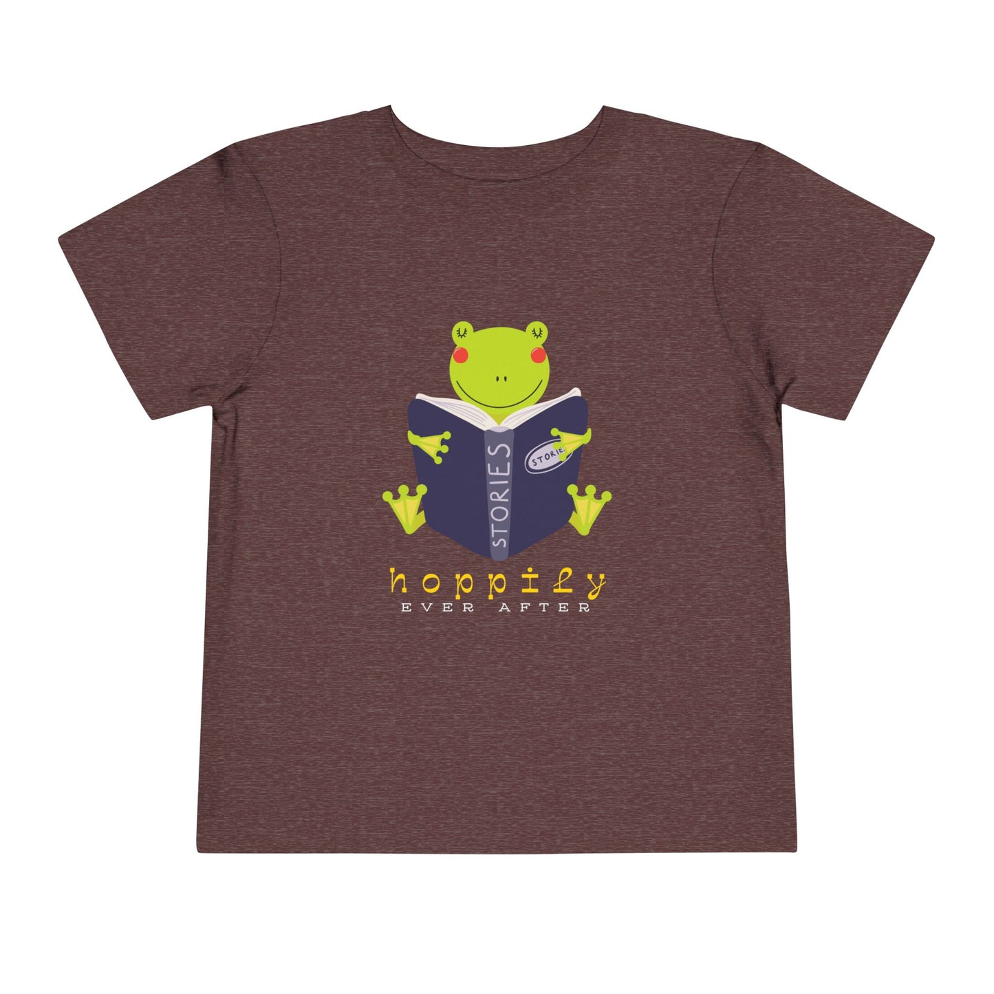 Maroon toddler t-shirt with a frog reading a book graphic and text 'Hoppily Ever After'