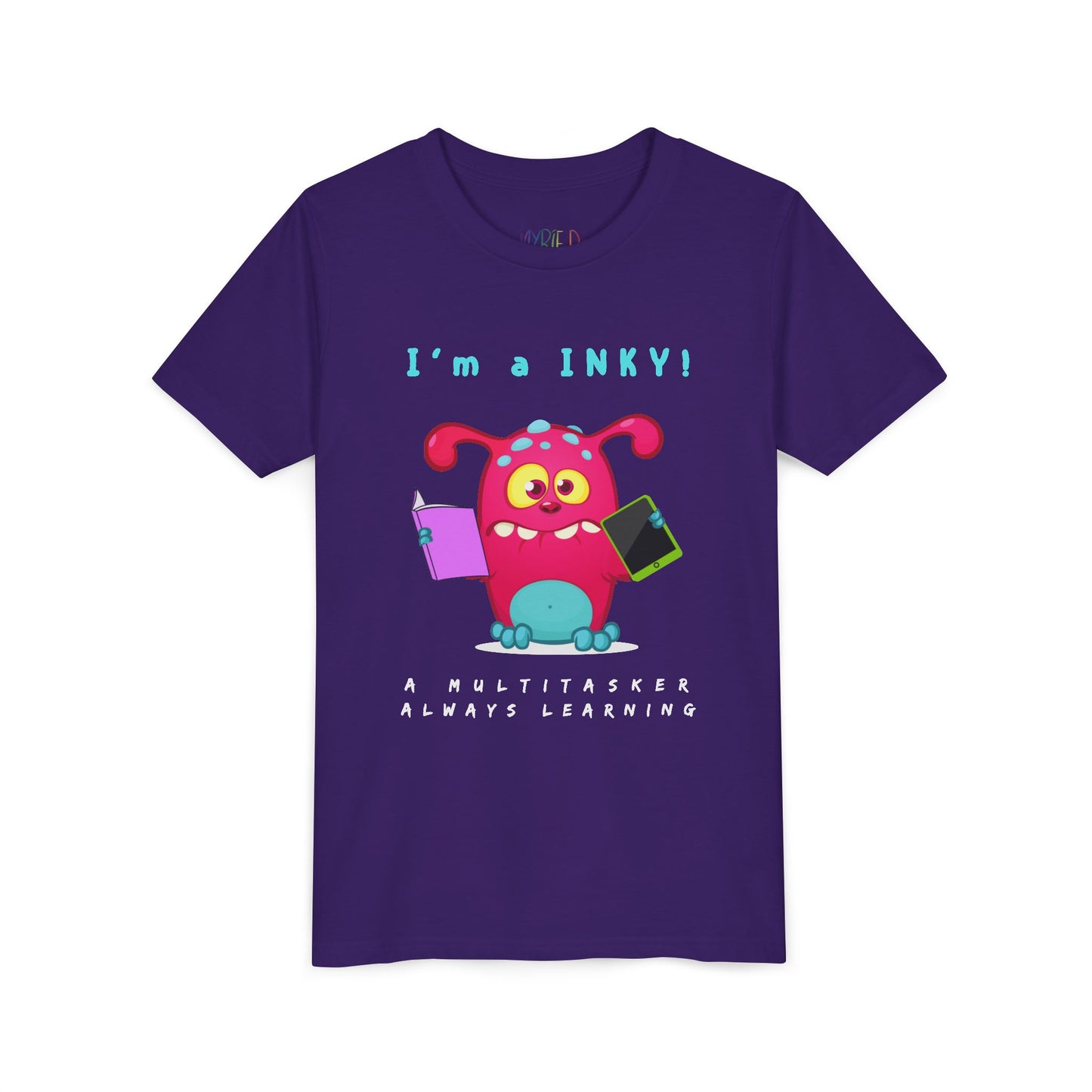 Purple t-shirt with a colorful cartoon monster holding a book and an ipad, with text 'I'm a INKY!'