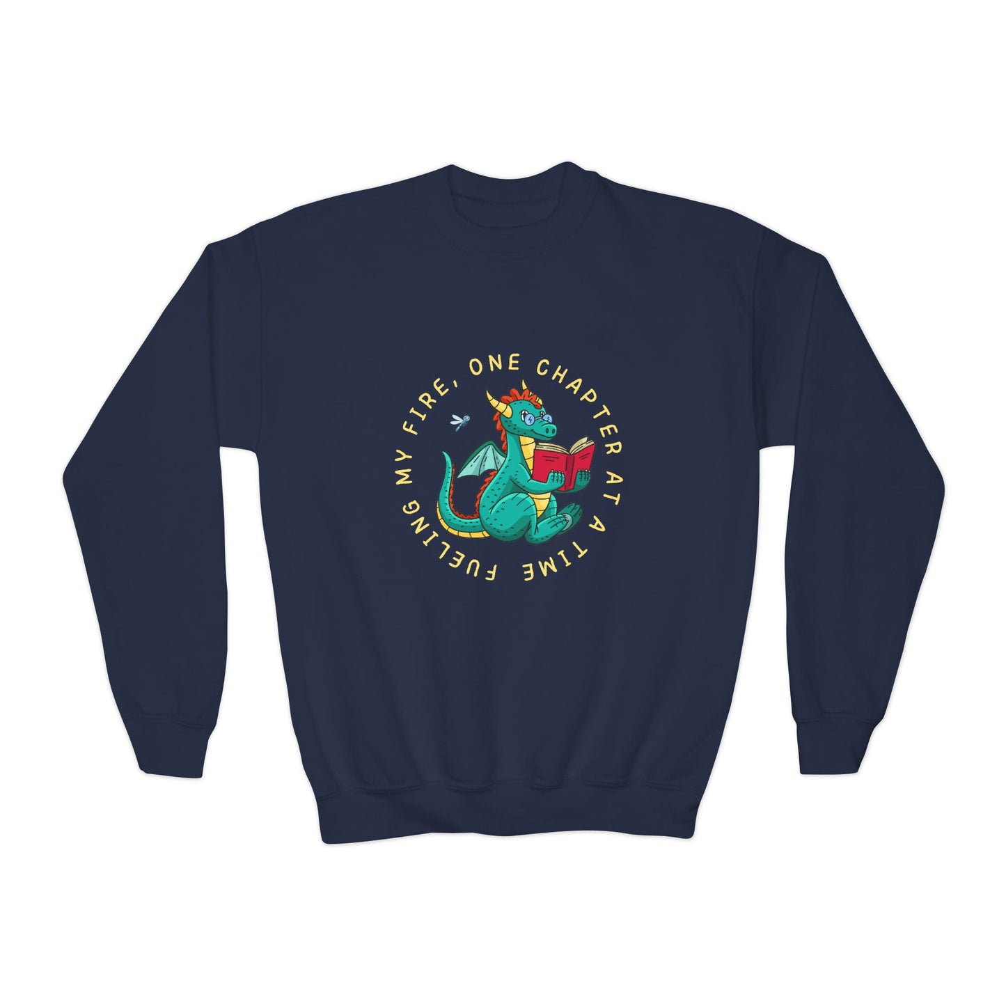 Navy blue sweatshirt with a colorful dragon reading a book and text 'Fueling My Fire, One Chapter At A Time'