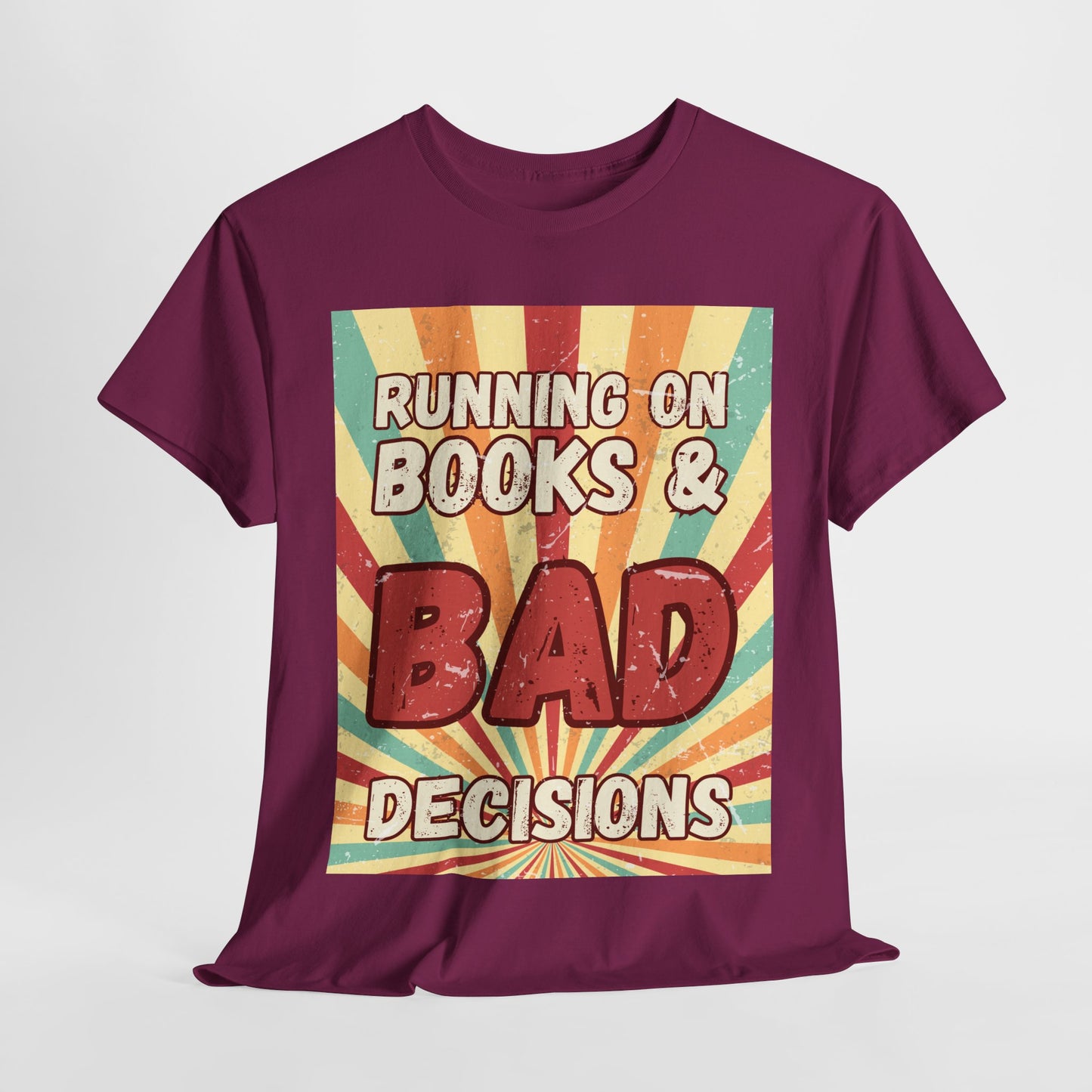 Teen/Adult Unisex Running on Books & Bad Decisions Tee – Funny Retro Reader Shirt for Book Addicts (Large Retro Edition)