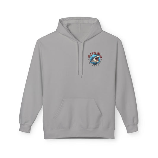 Light gray hoodie featuring a circular shark design with the text “Bite Me, I’m Reading” in red and blue lettering.