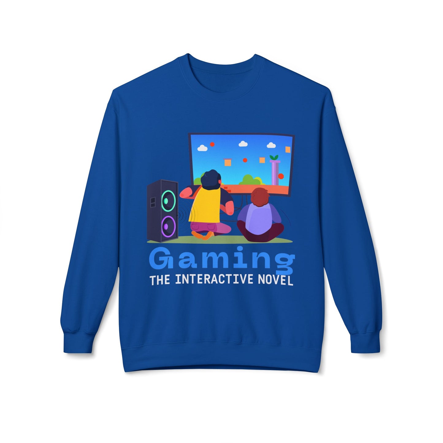 Blue sweatshirt with colorful graphic of two people playing a video game and text 'Gaming The Interactive Novel'