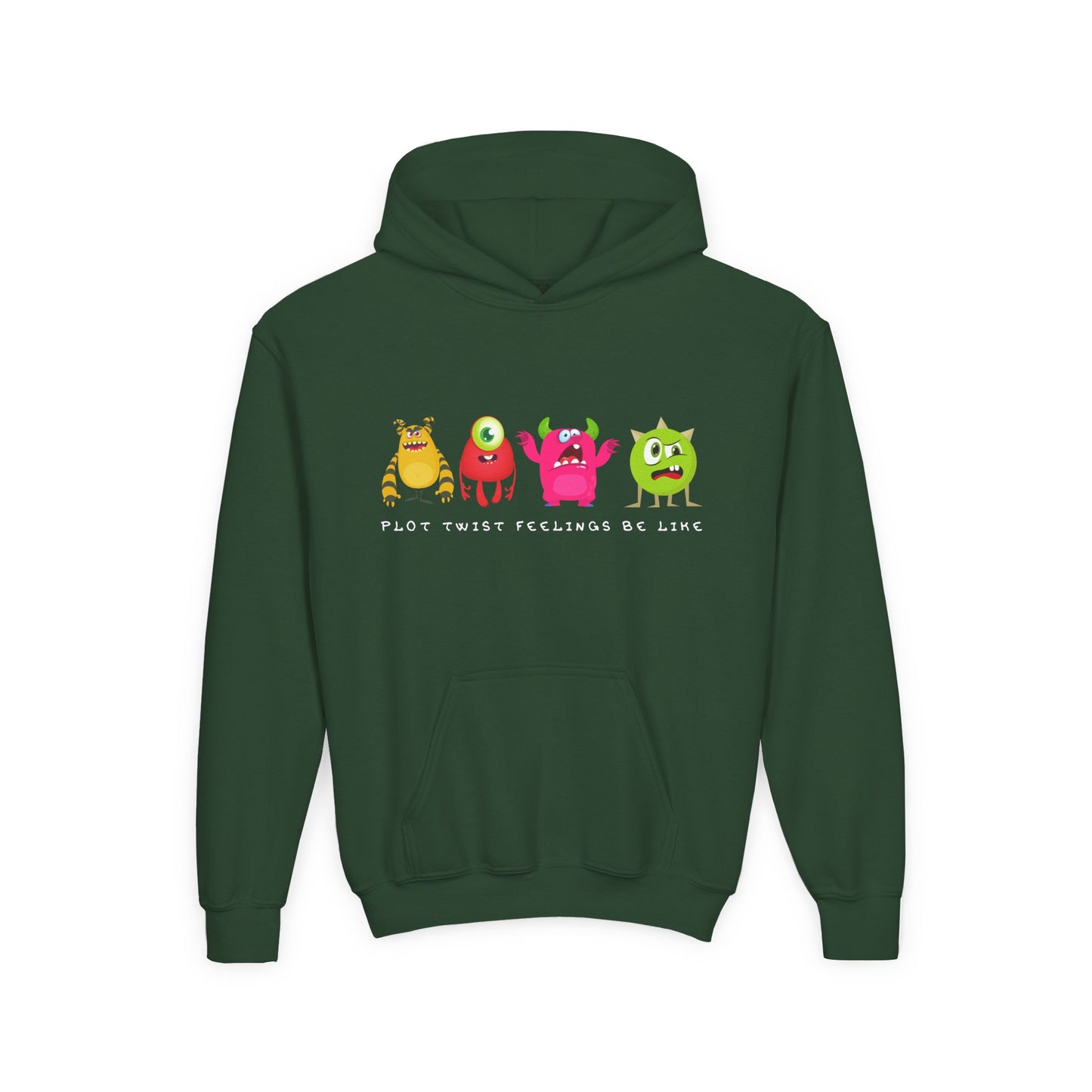 Green hoodie with colorful cartoon monsters with frustrated faces and text 'plot twist feelings be like'
