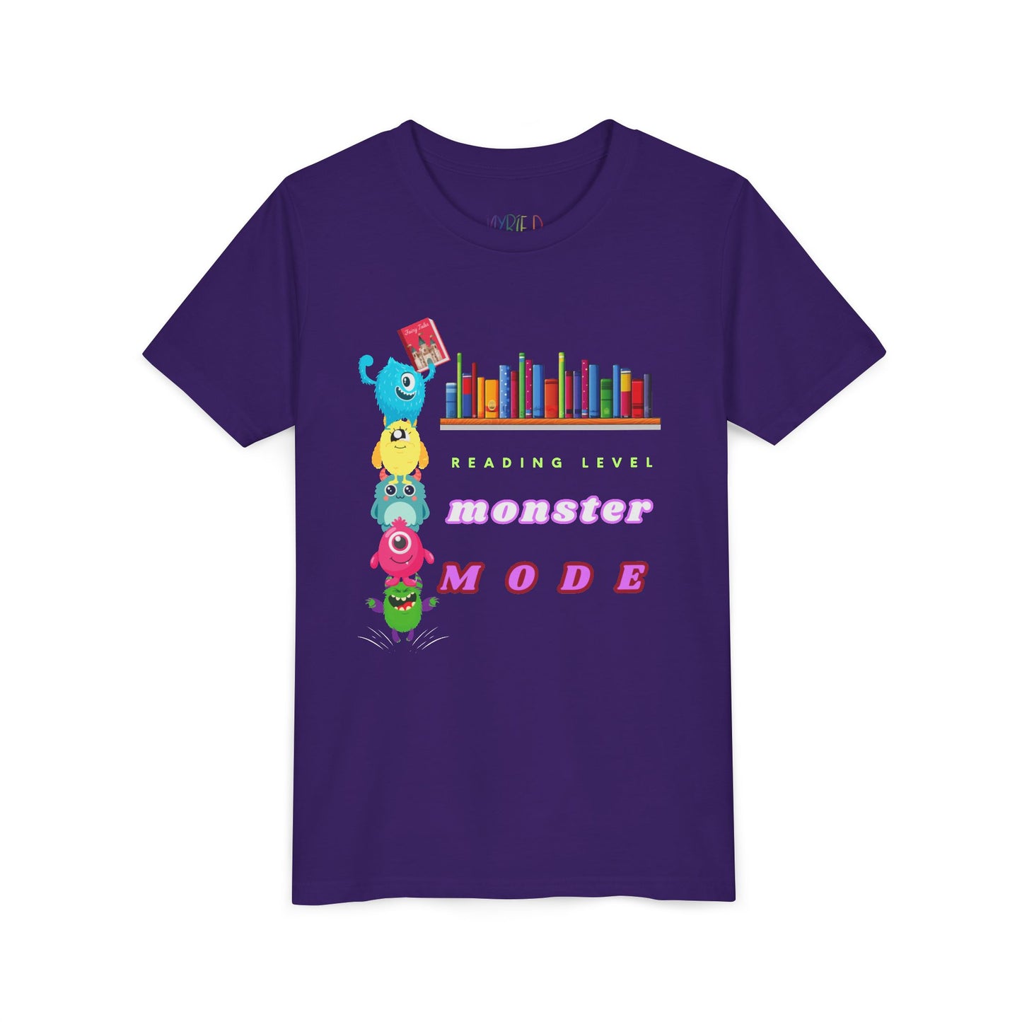 Purple t-shirt with colorful monsters standing on each others shoulders to reach a book on the bookshelf and text 'Reading Level Monster Mode'