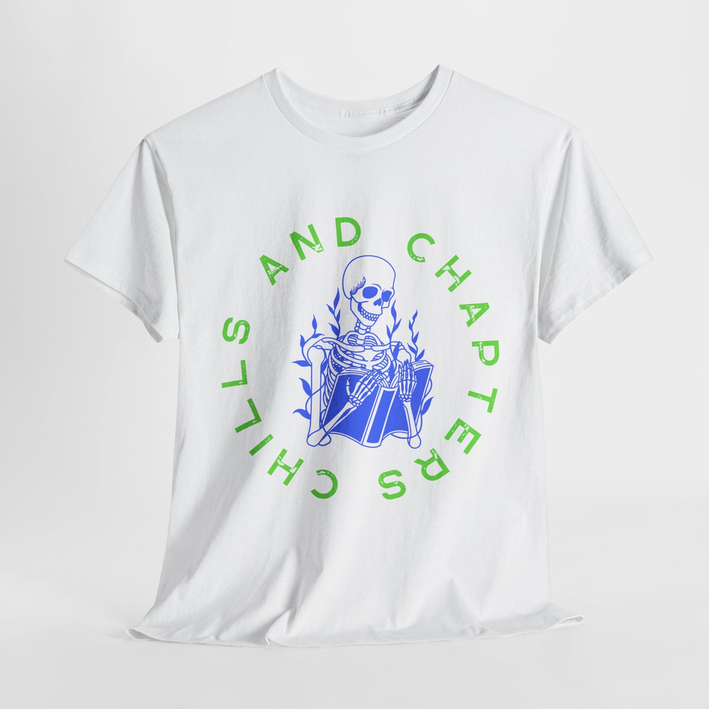 Teen/Adult Unisex Chills and Chapters T-Shirt β Skeleton Horror Reader Graphic Tee