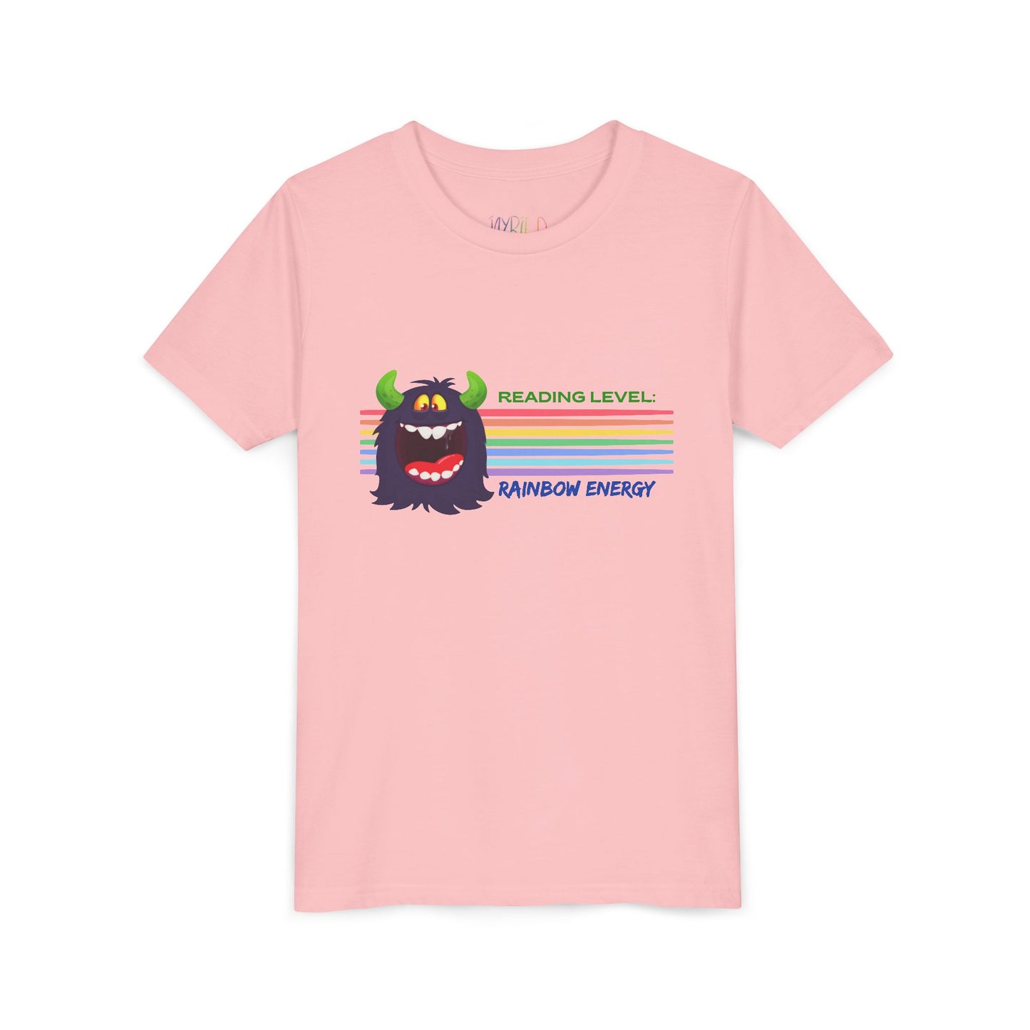 Pink t-shirt with a cartoon monster, horizontal rainbow strips and text 'Reading Level: RAINBOW ENERGY'