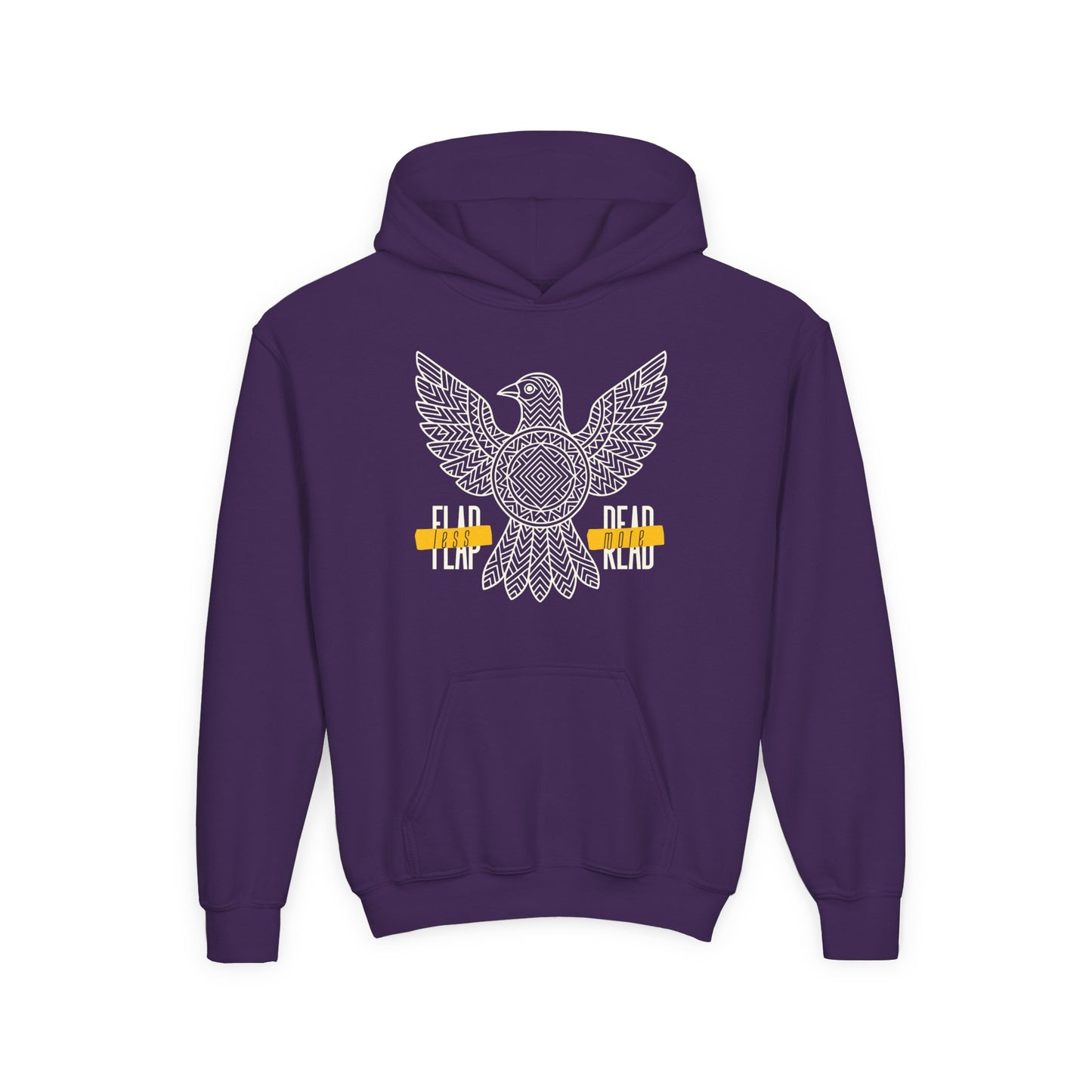 Purple hoodie with a graphic bird design and text 'Flap Less, Read More'