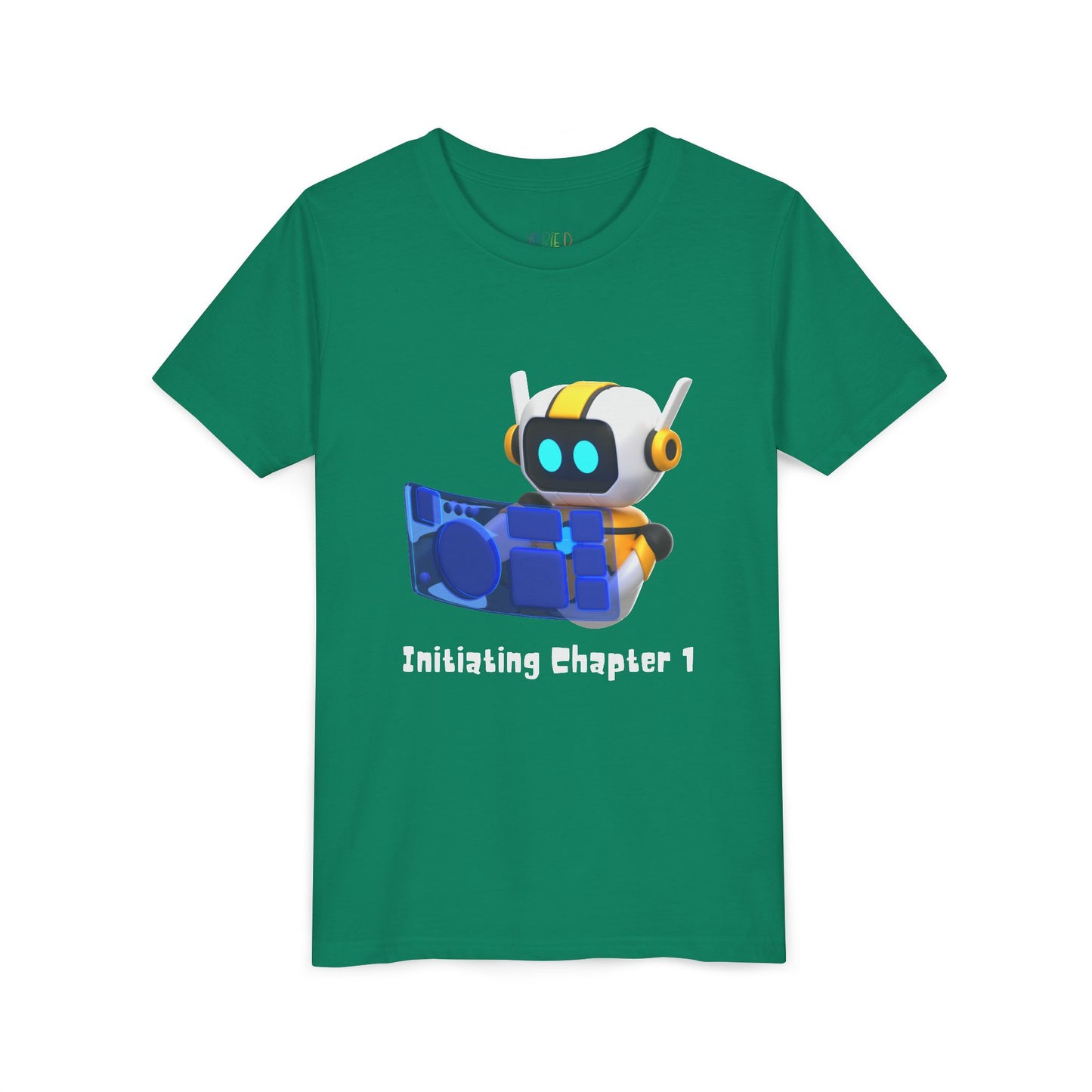 Green t-shirt with a robot graphic, computer and text 'initiating chapter 1'