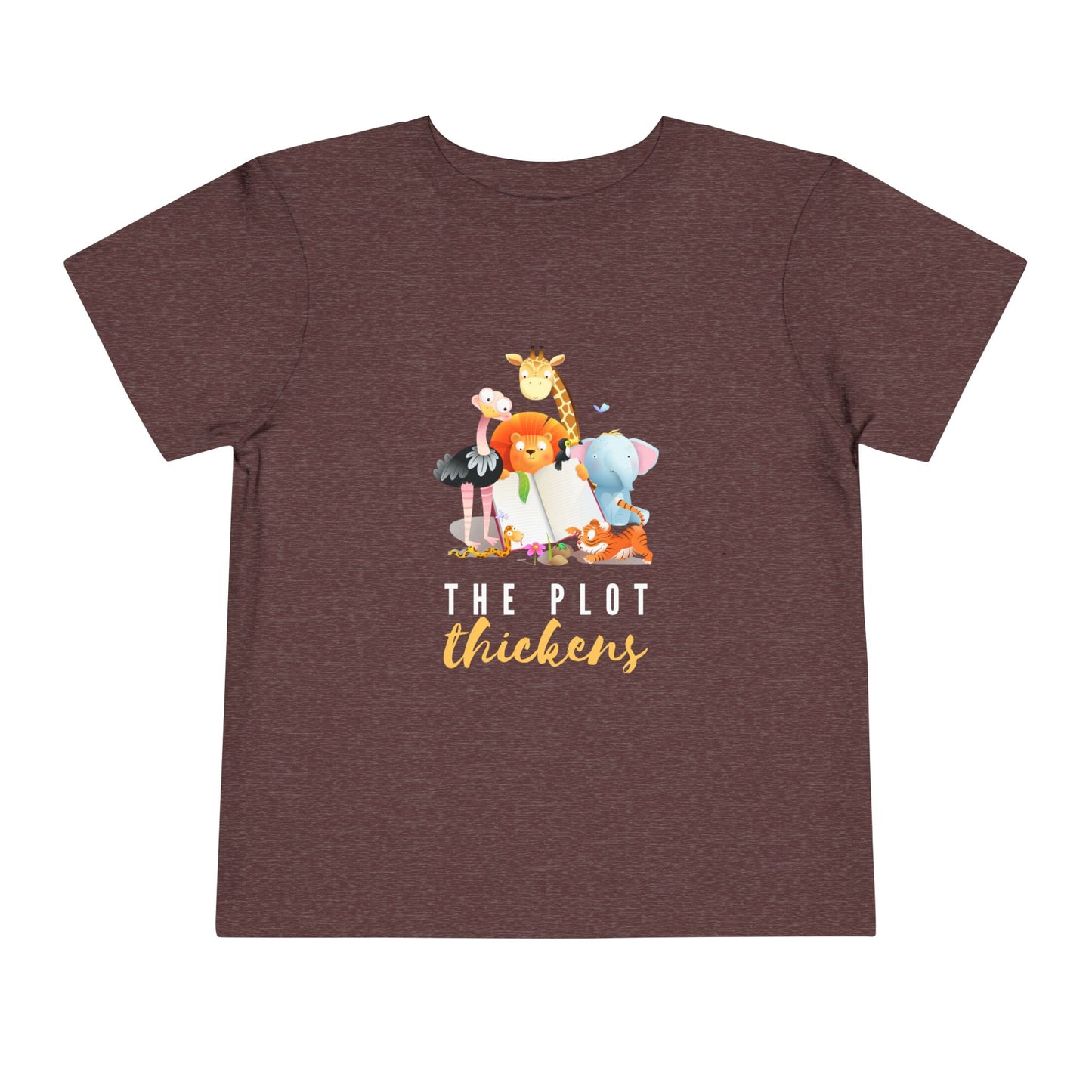 Maroon t-shirt with cartoon animals all gathered around a book, and text 'The Plot Thickens'