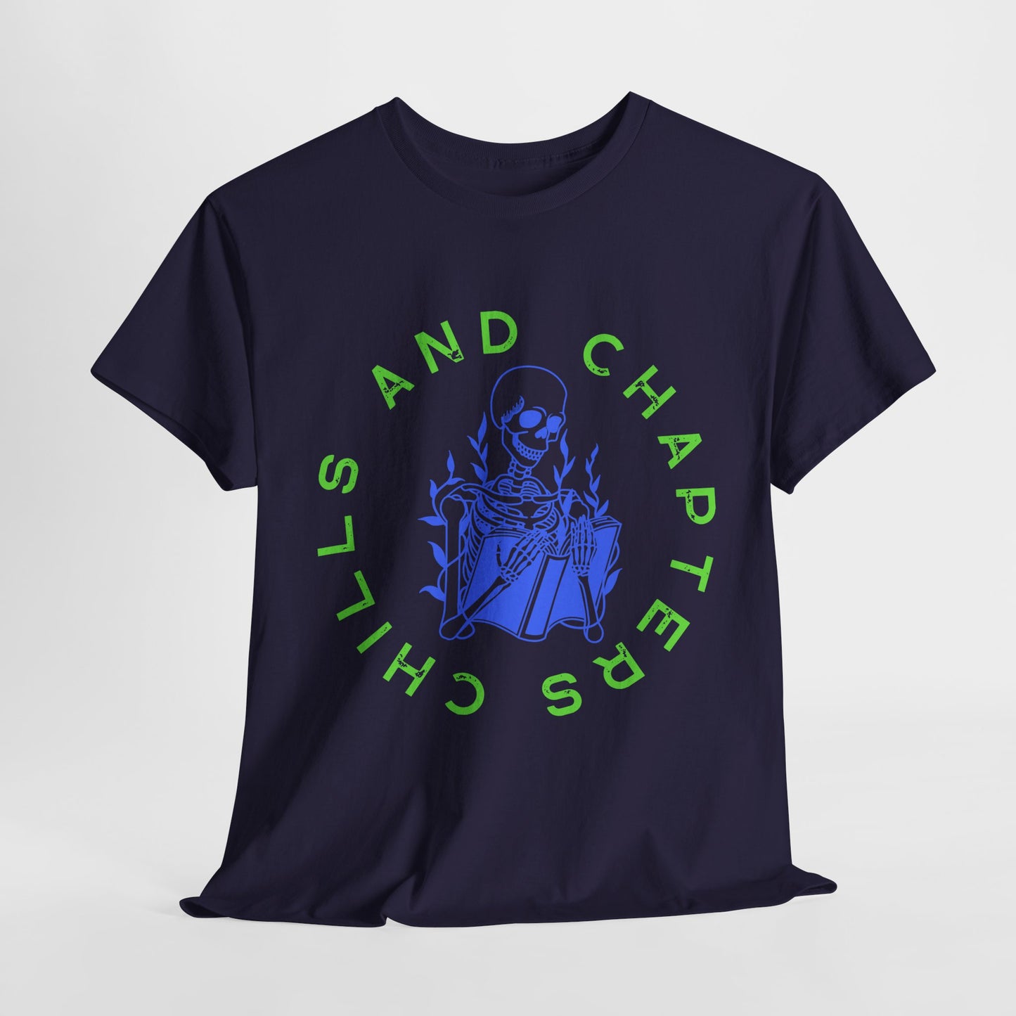 Teen/Adult Unisex Chills and Chapters T-Shirt β Skeleton Horror Reader Graphic Tee