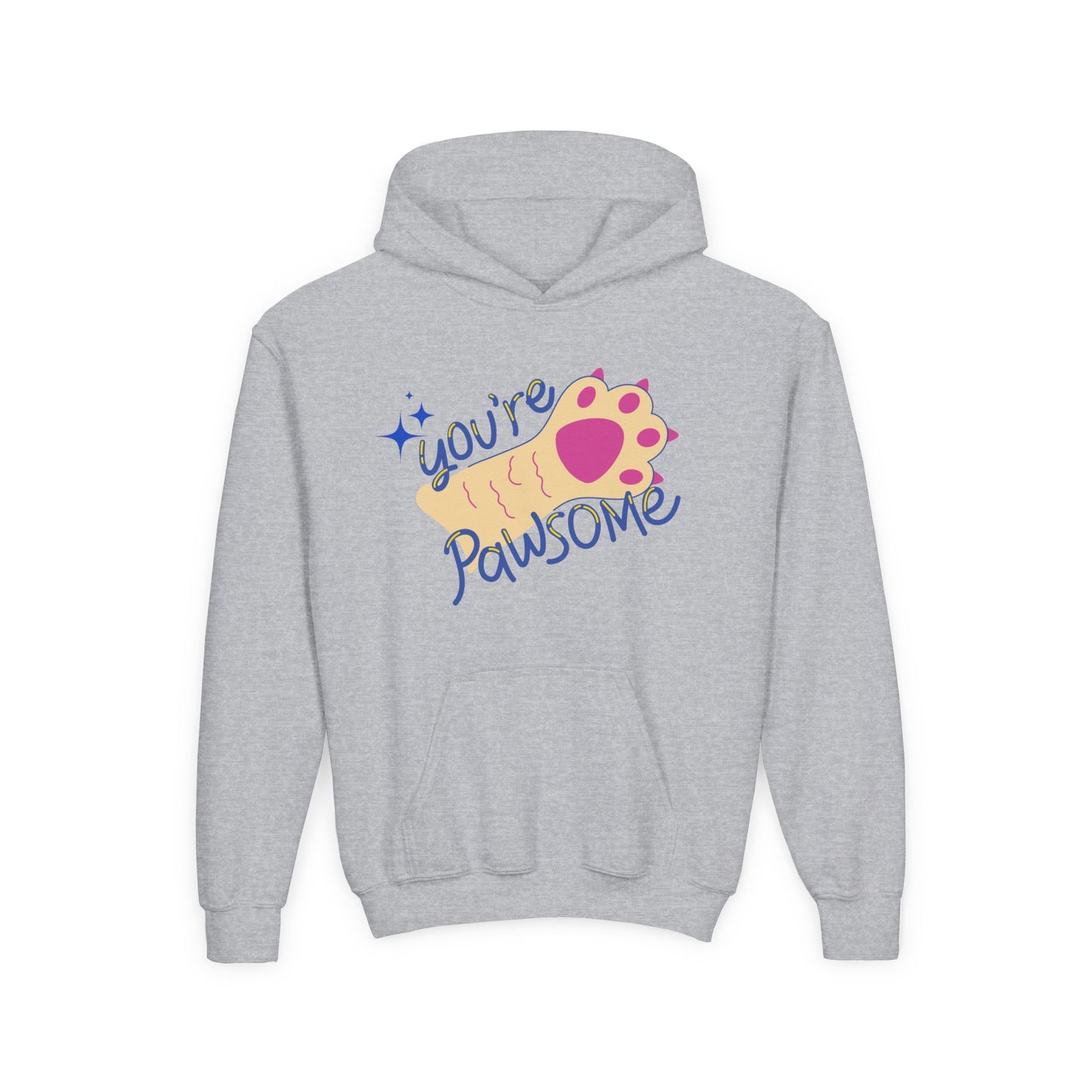 Gray hoodie with paw print and sparkling text 'You're Pawsome'