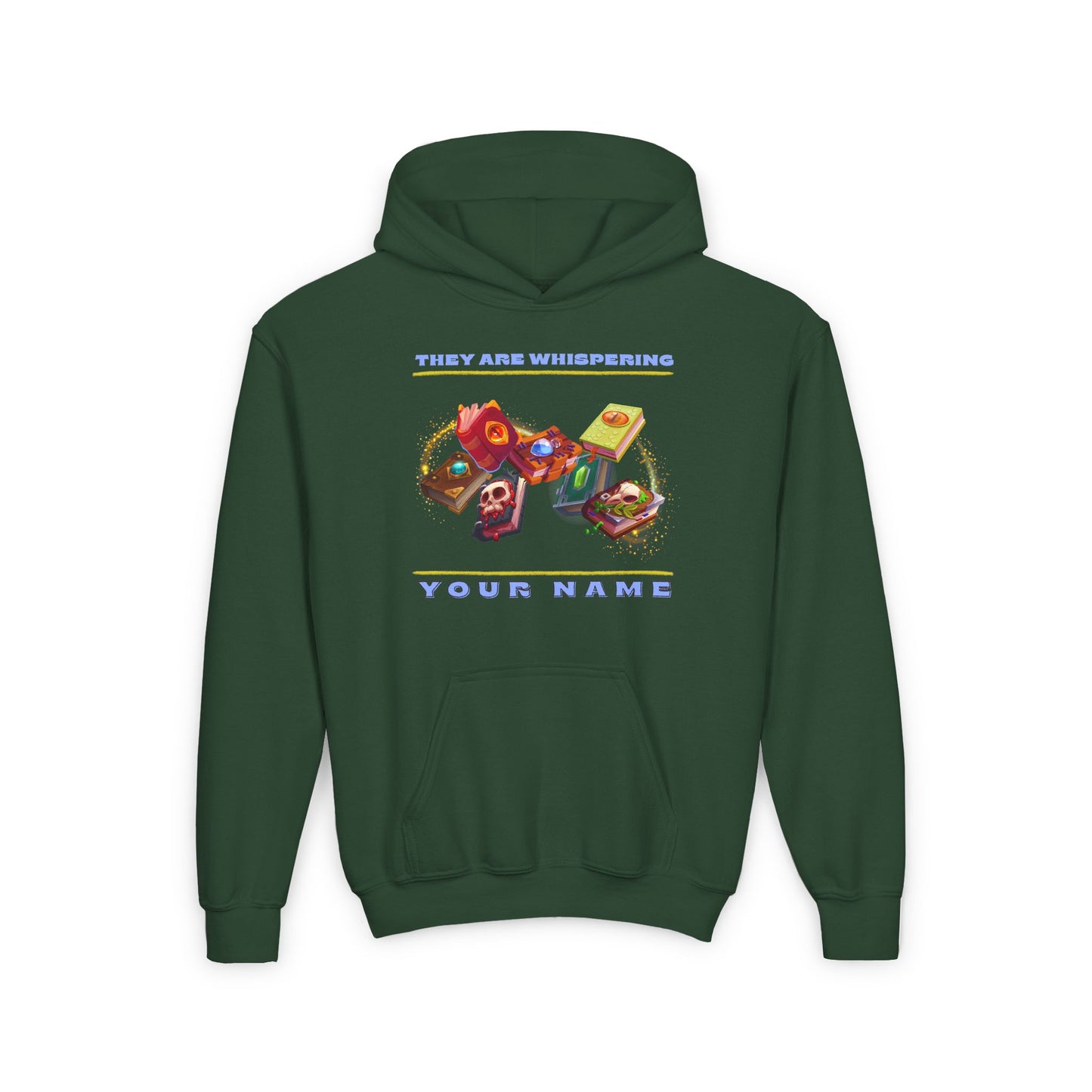 Dark green hoodie with colorful swirling creepy book graphics and text 'They Are Whispering Your Name'