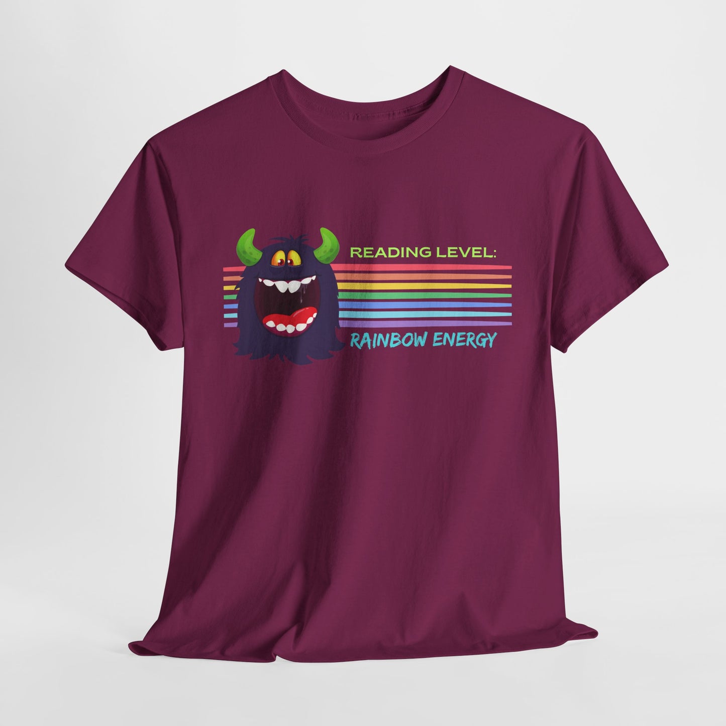 Teen/Adult Unisex “Rainbow Energy” Reading Shirt – Retro Monster Tee for Vibrant Book Lovers