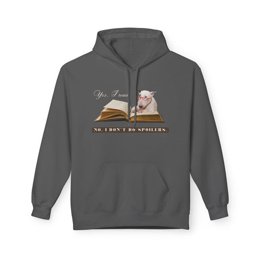 Gray hoodie with a cute white dog wearing red glasses, resting on an open book. Text above says “Yes, I read” and below says “No, I don’t do spoilers.”