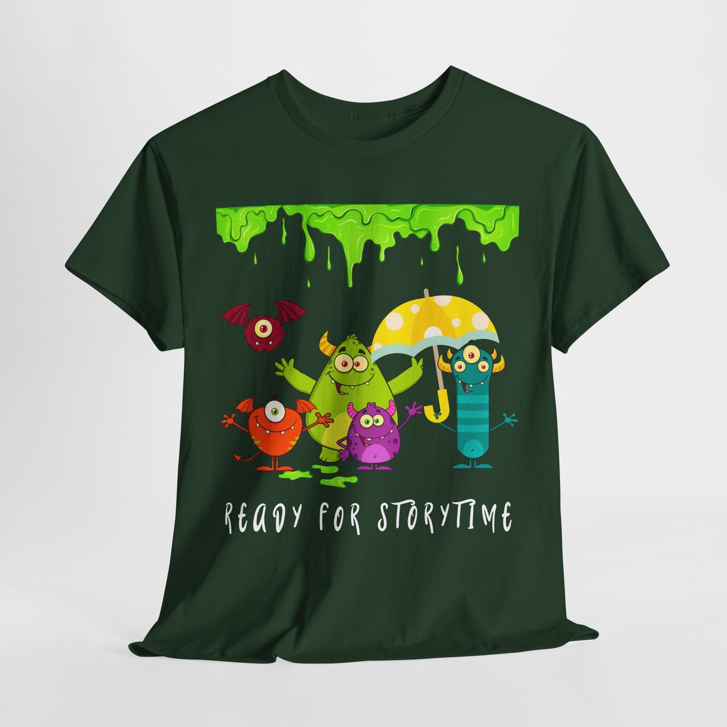 Teen/Adult Unisex “Ready for Storytime” Tee – Slime-Dripped Monster Squad Book Shirt for Fun-Loving Readers