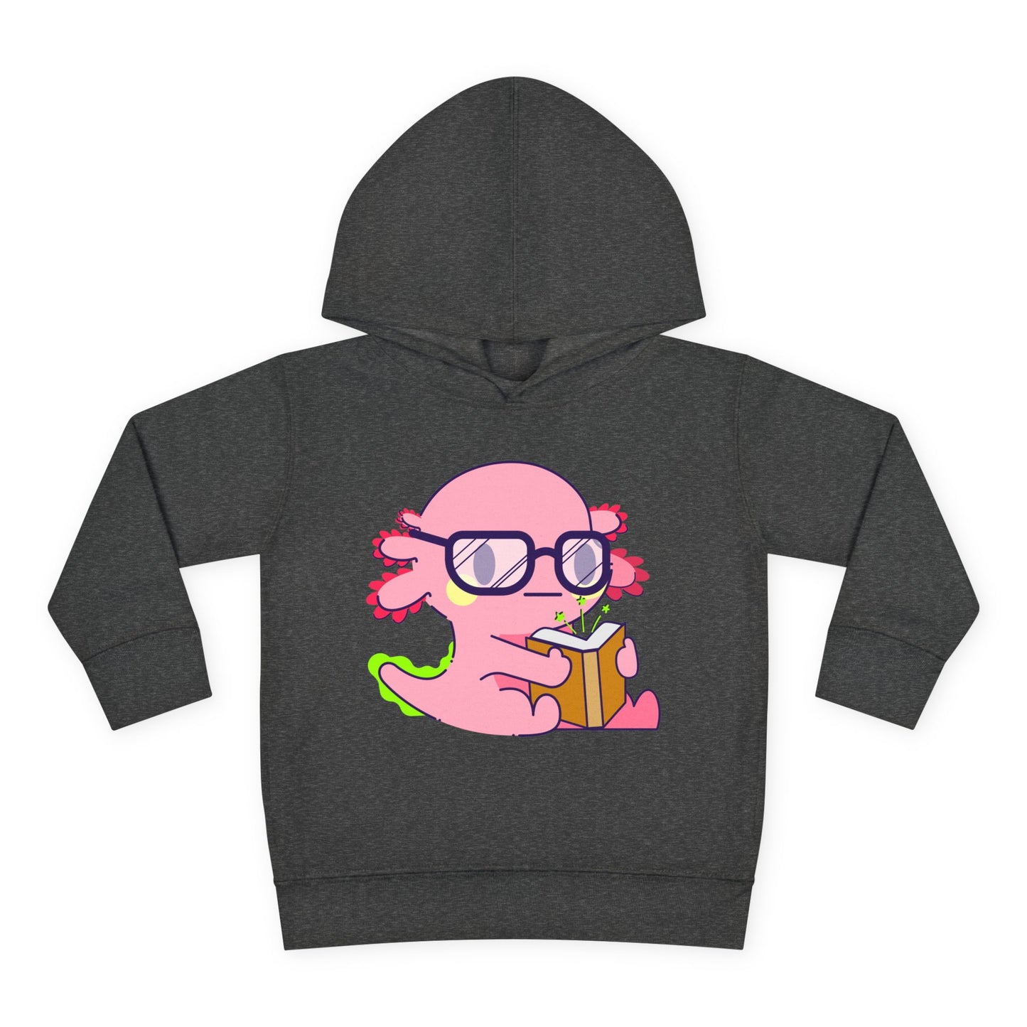 Hoodie with a pink cartoon axolotl wearing glasses and reading an orange book